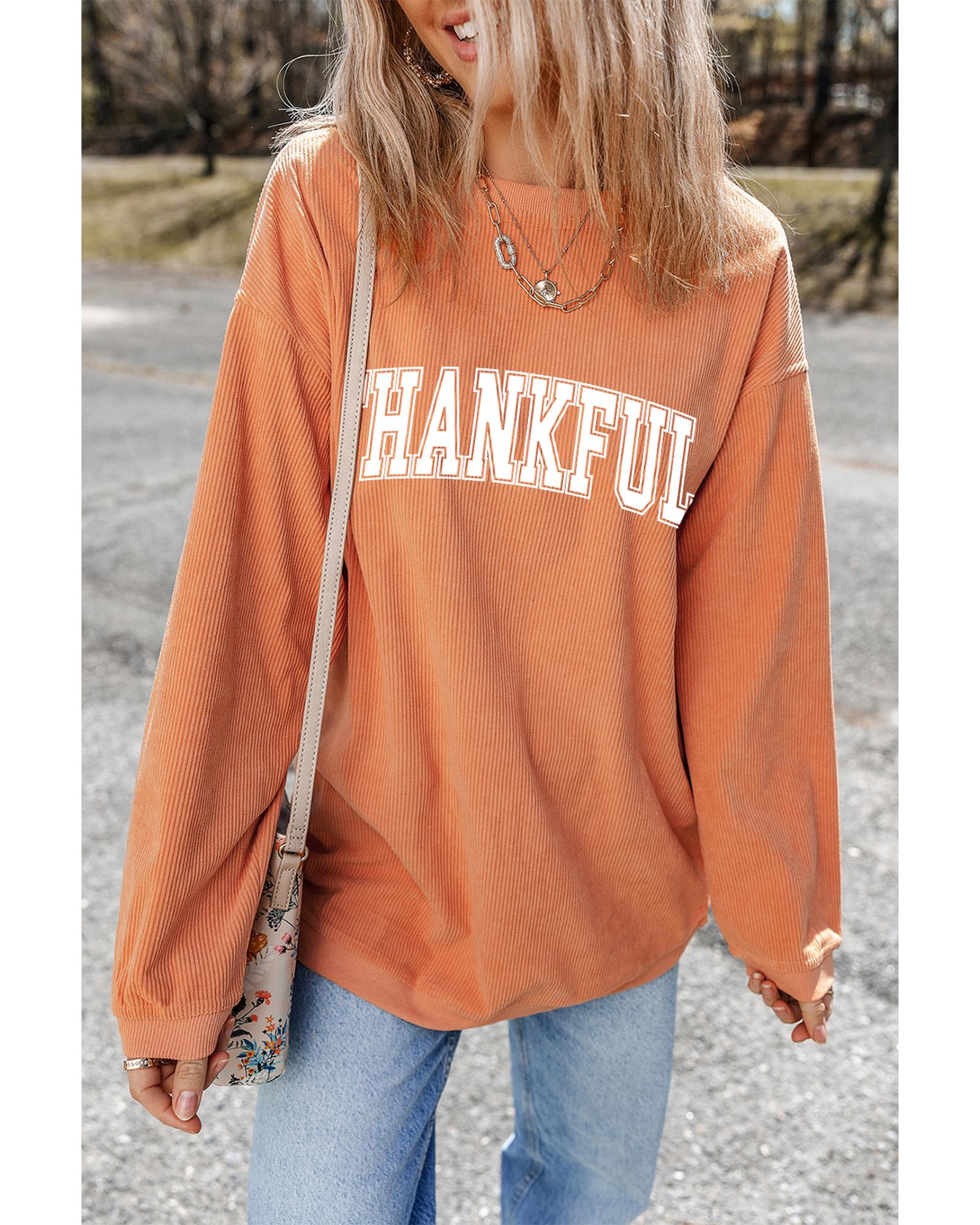 Orange THANKFUL Crew Neck Pullover Sweatshirt - Image 2