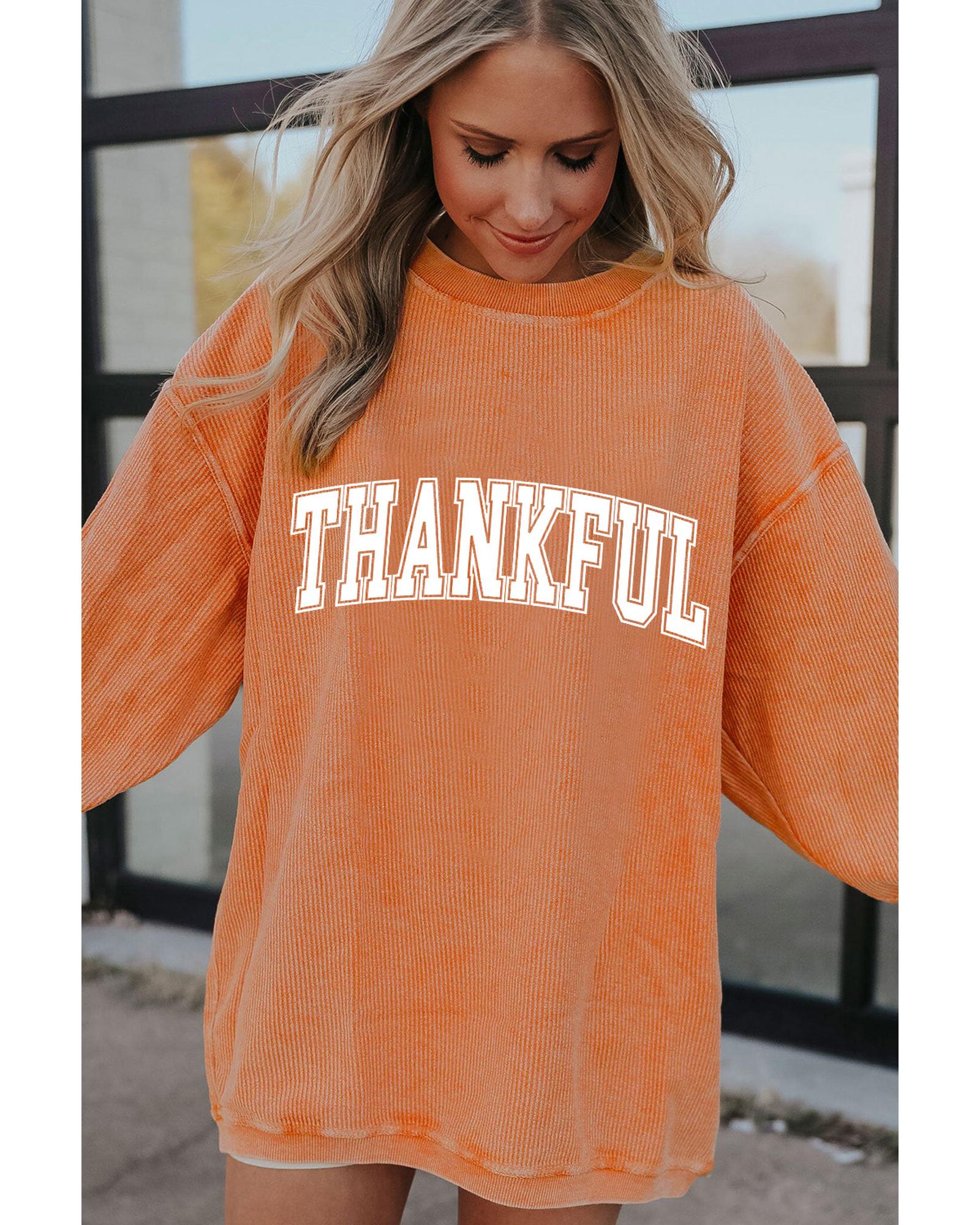 Orange THANKFUL Crew Neck Pullover Sweatshirt - Image 3