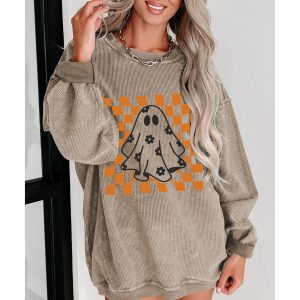 Khaki Checkerboard Floral Ghost Graphic Corded Halloween Sweatshirt