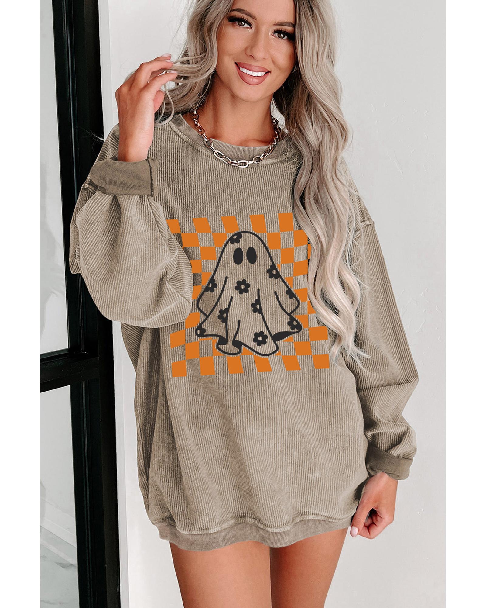 Khaki Checkerboard Floral Ghost Graphic Corded Halloween Sweatshirt