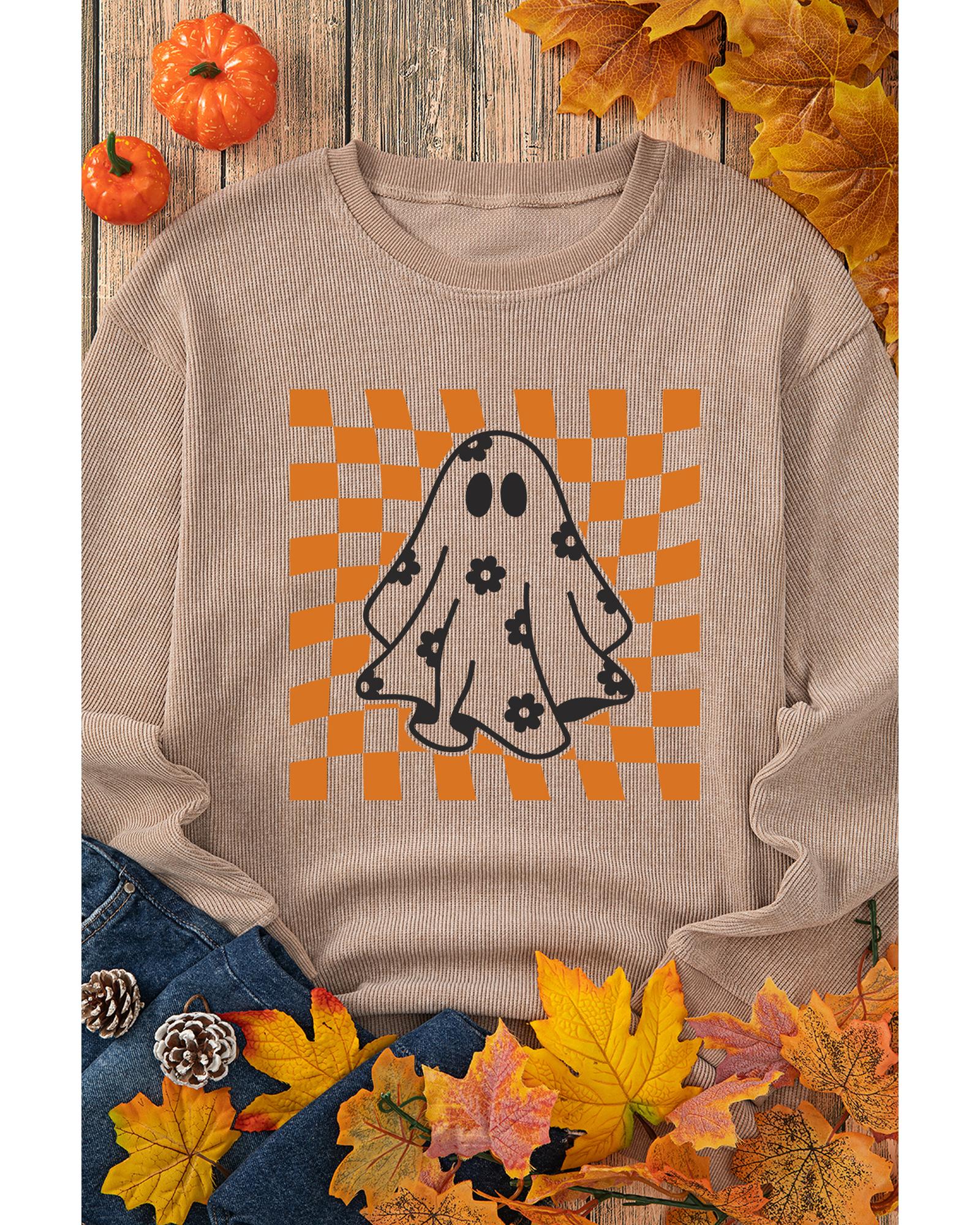 Khaki Checkerboard Floral Ghost Graphic Corded Halloween Sweatshirt - Image 2