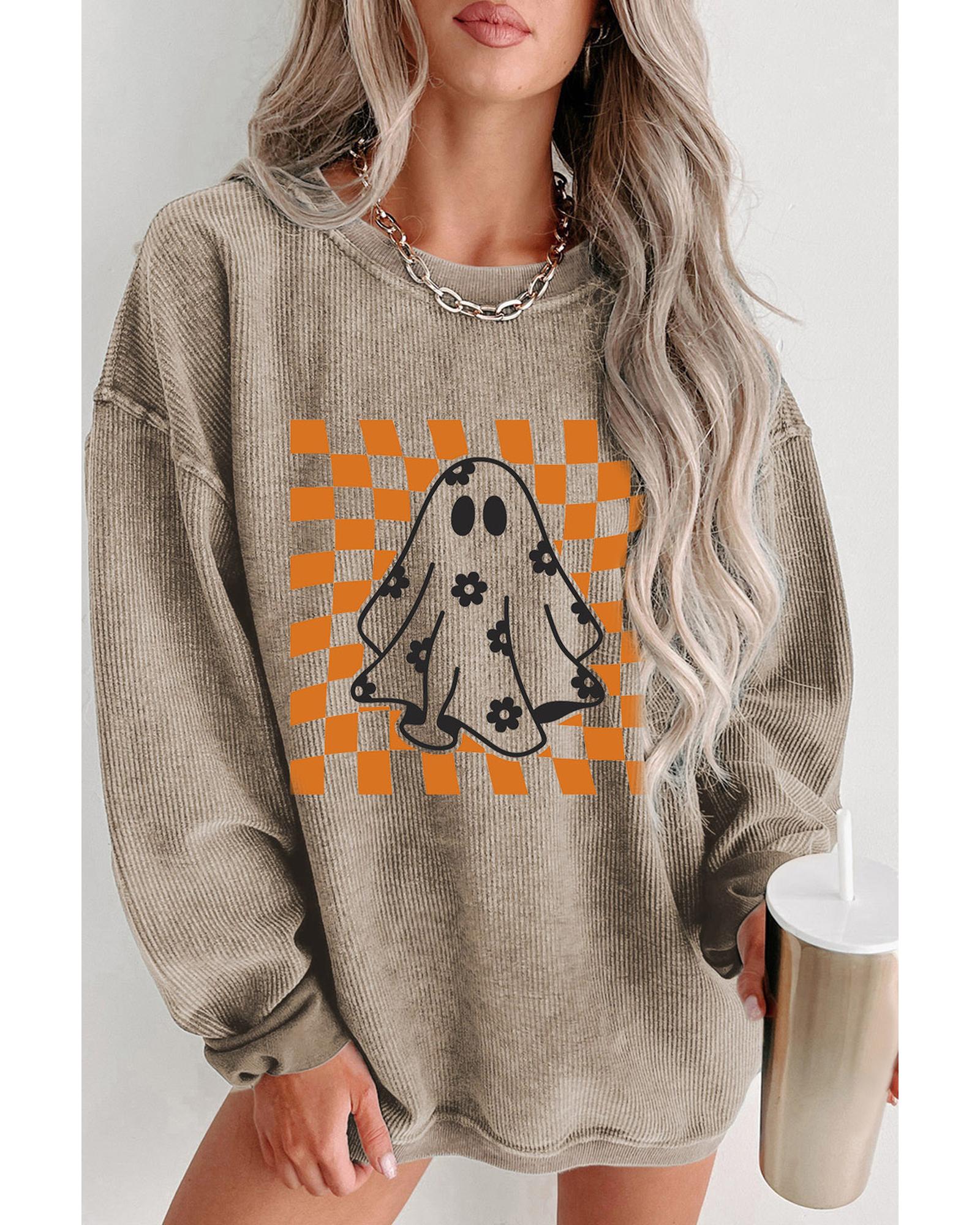 Khaki Checkerboard Floral Ghost Graphic Corded Halloween Sweatshirt - Image 3