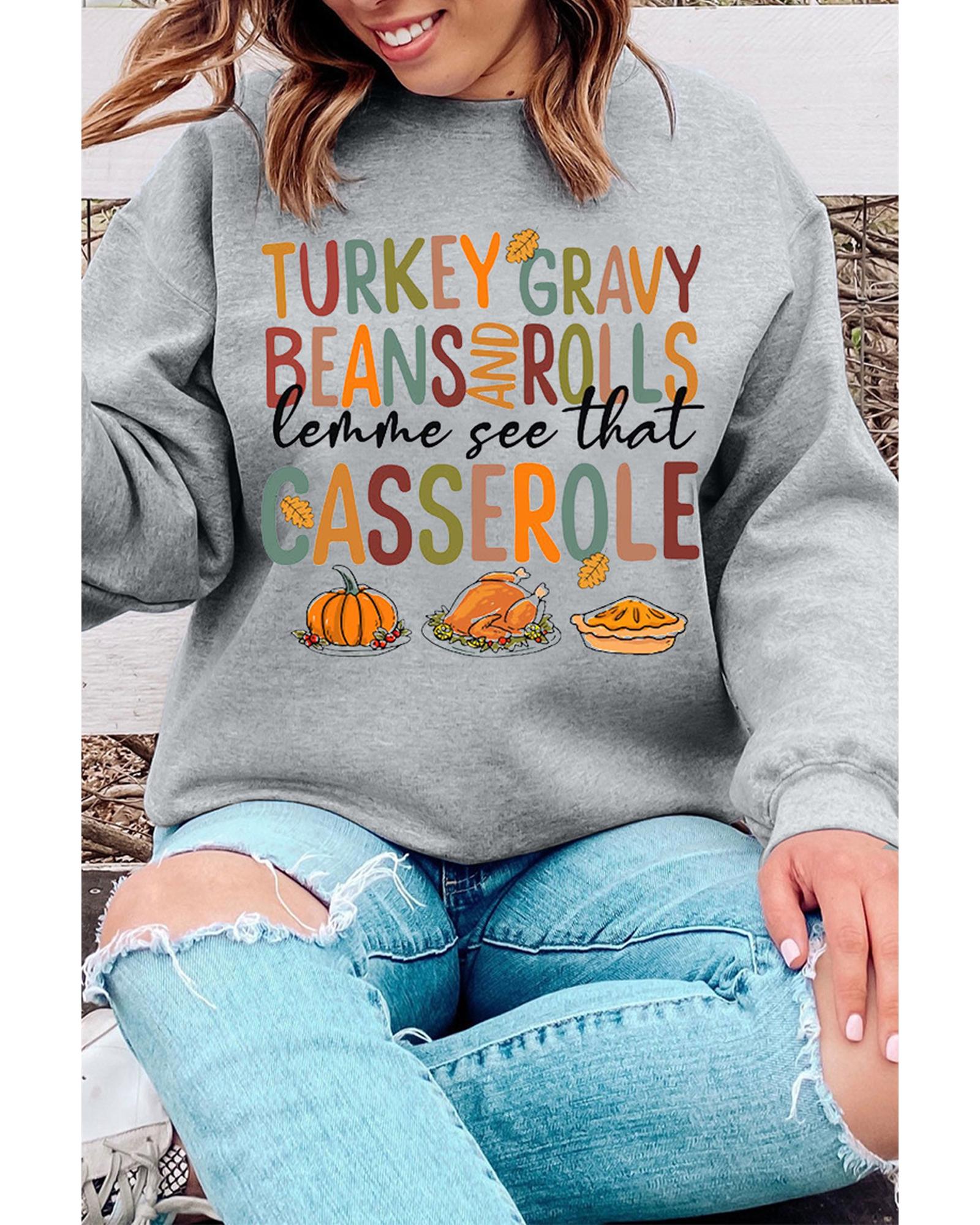 Gray Thanksgiving Slogan Pumpkin Turkey Pie Graphic Sweatshirt