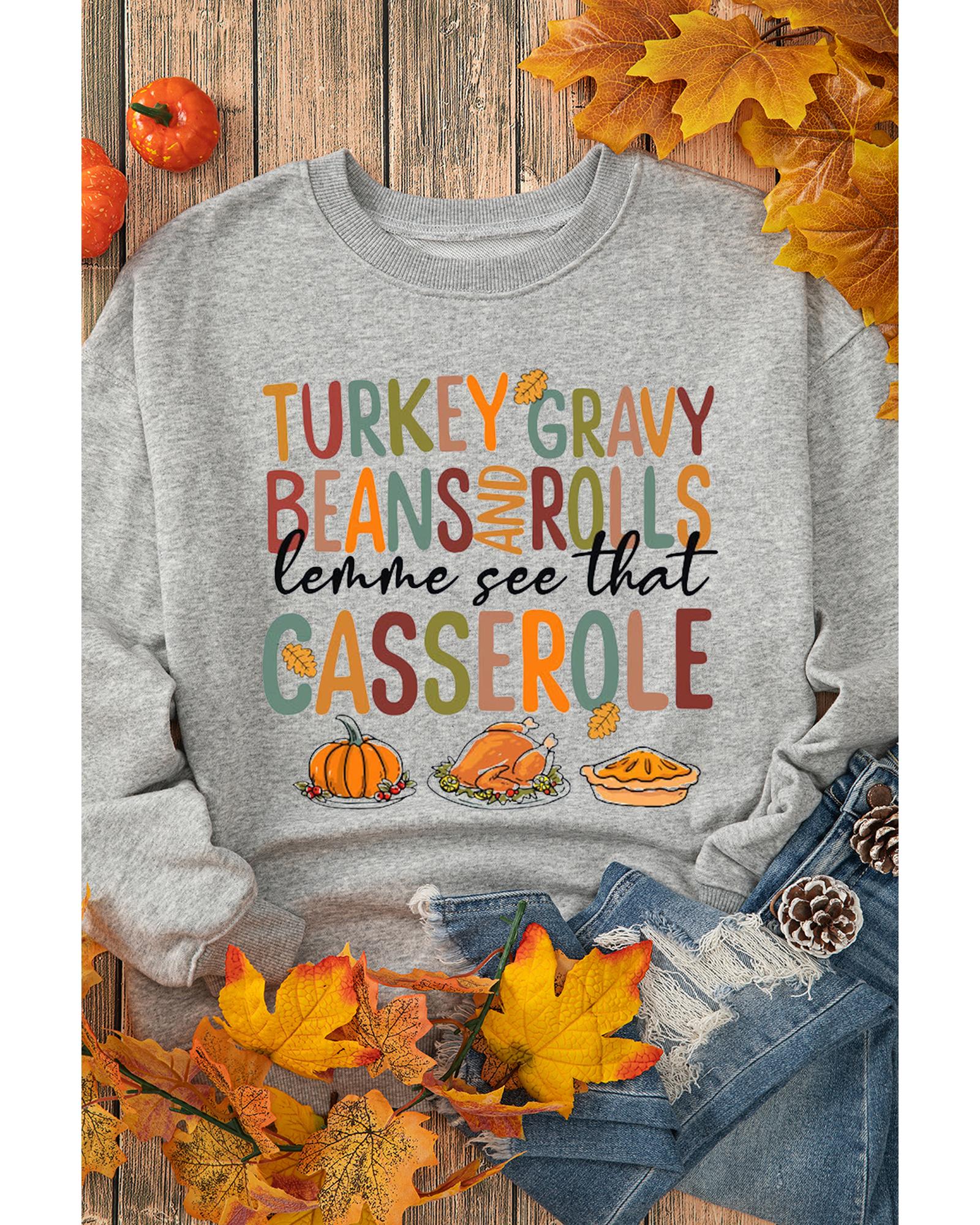 Gray Thanksgiving Slogan Pumpkin Turkey Pie Graphic Sweatshirt - Image 2