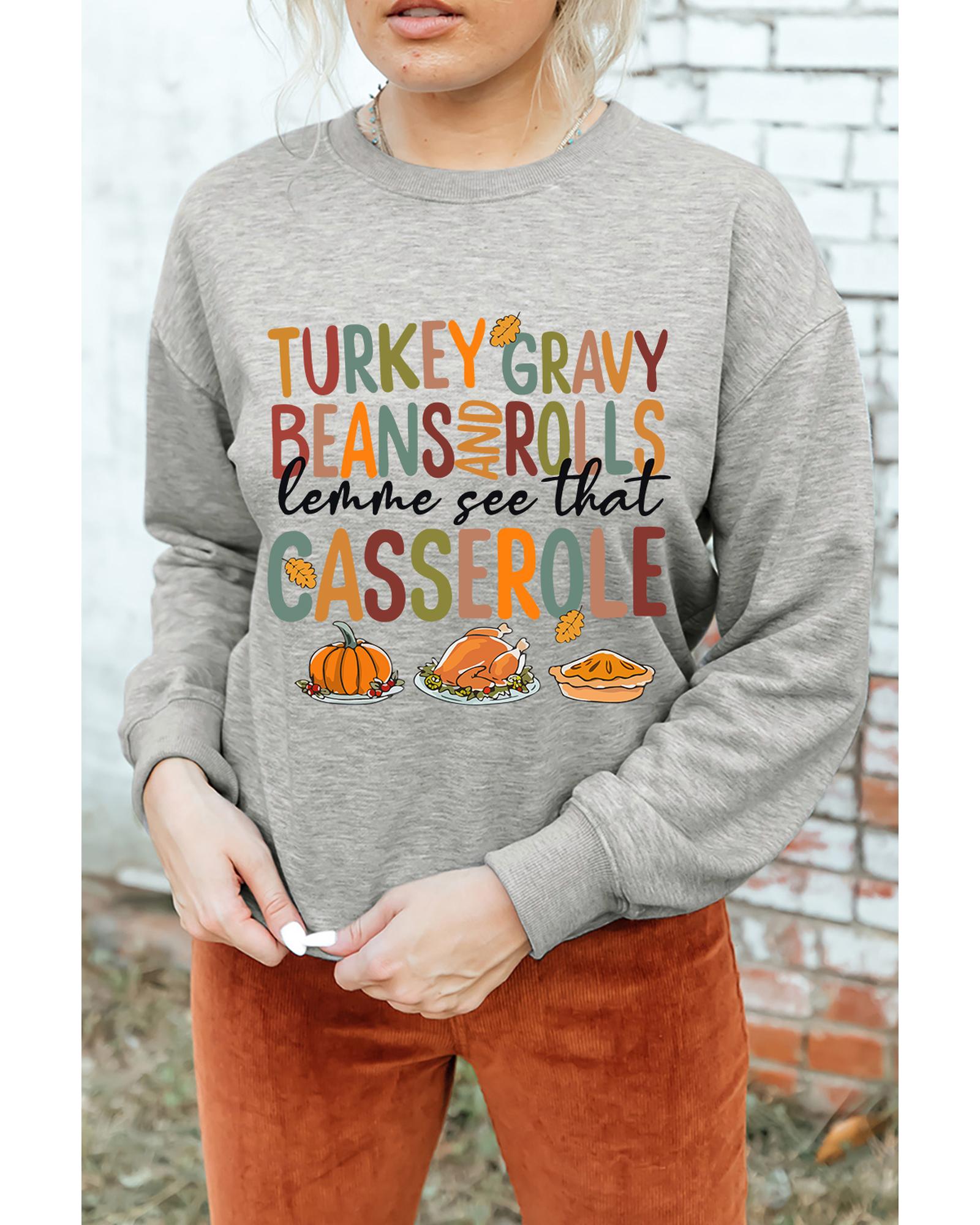Gray Thanksgiving Slogan Pumpkin Turkey Pie Graphic Sweatshirt - Image 3