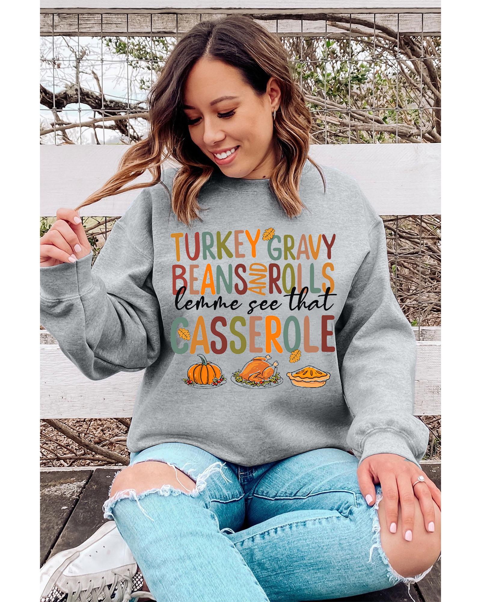Gray Thanksgiving Slogan Pumpkin Turkey Pie Graphic Sweatshirt - Image 6