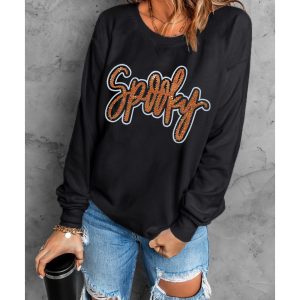 Black Spooky Rhinestone Drop Shoulder Graphic Sweatshirt