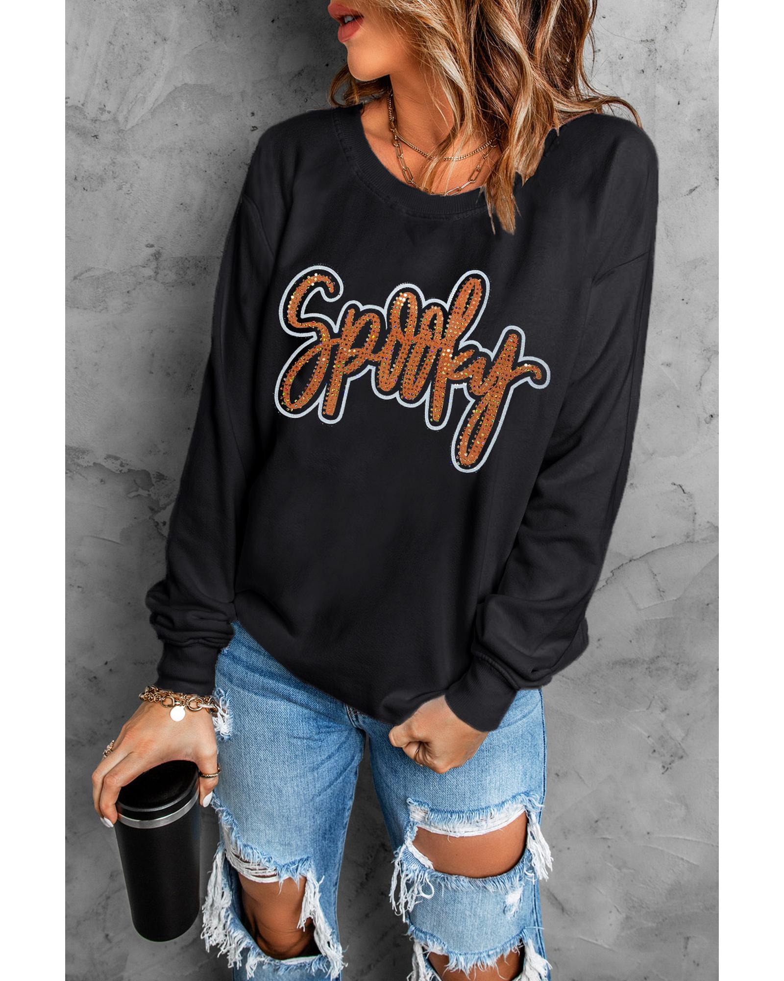 Black Spooky Rhinestone Drop Shoulder Graphic Sweatshirt