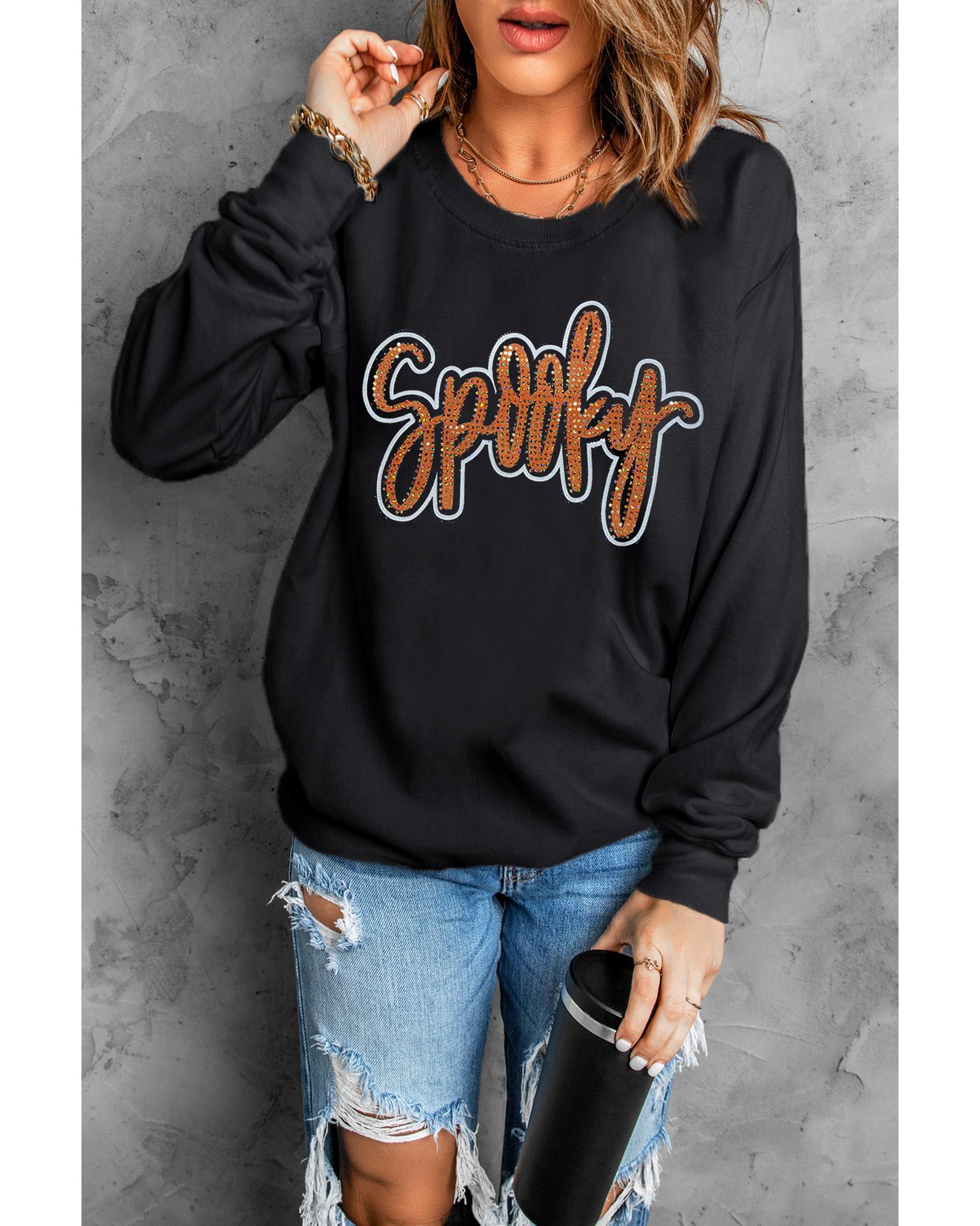 Black Spooky Rhinestone Drop Shoulder Graphic Sweatshirt - Image 2