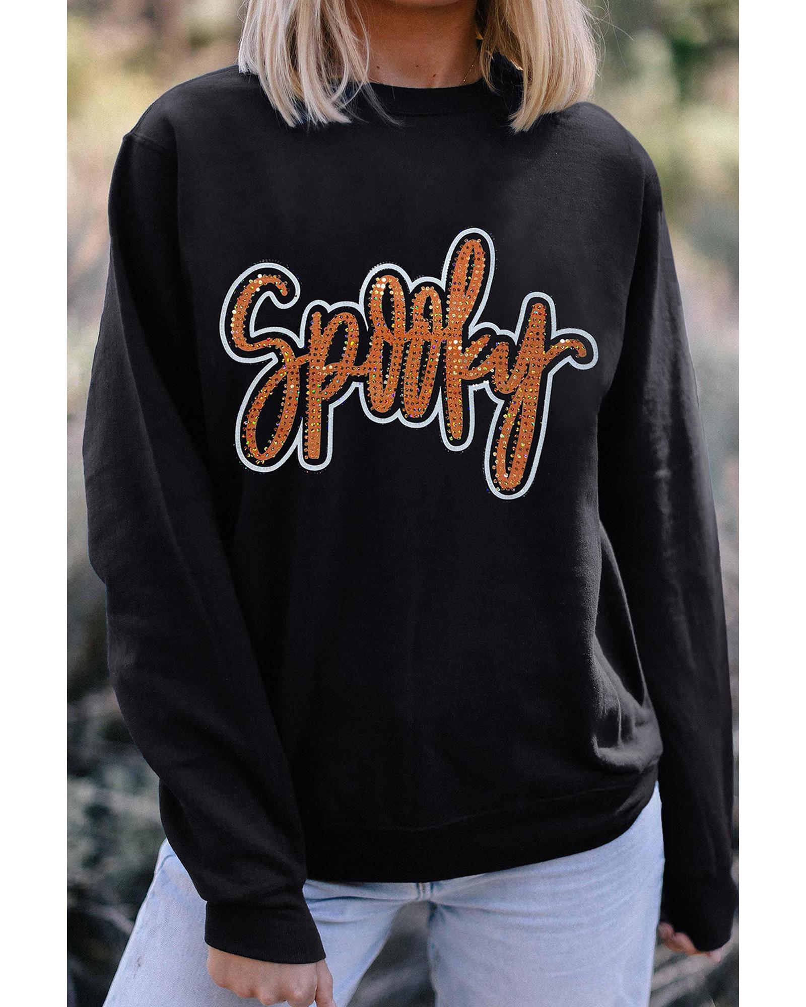 Black Spooky Rhinestone Drop Shoulder Graphic Sweatshirt - Image 3