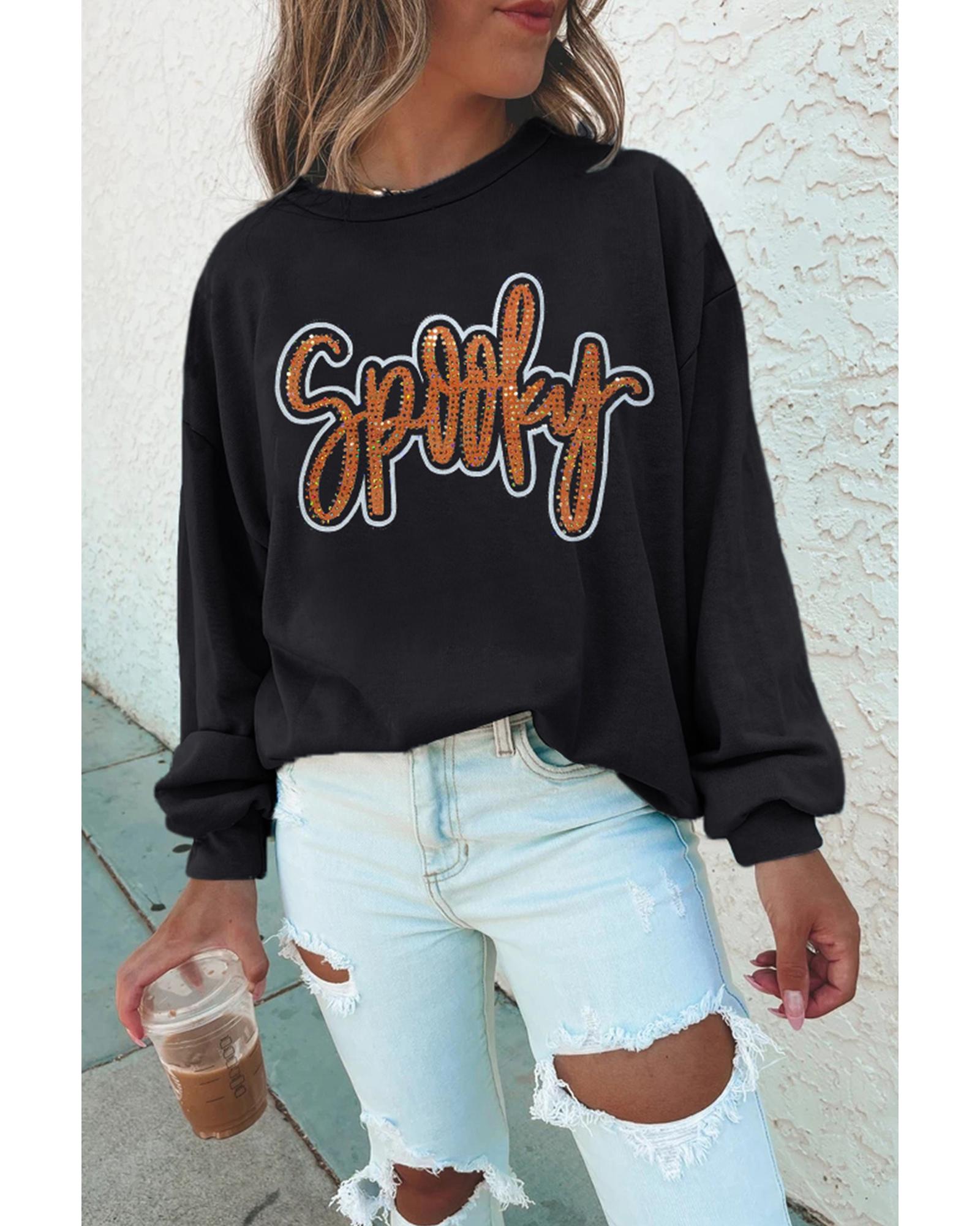 Black Spooky Rhinestone Drop Shoulder Graphic Sweatshirt - Image 4