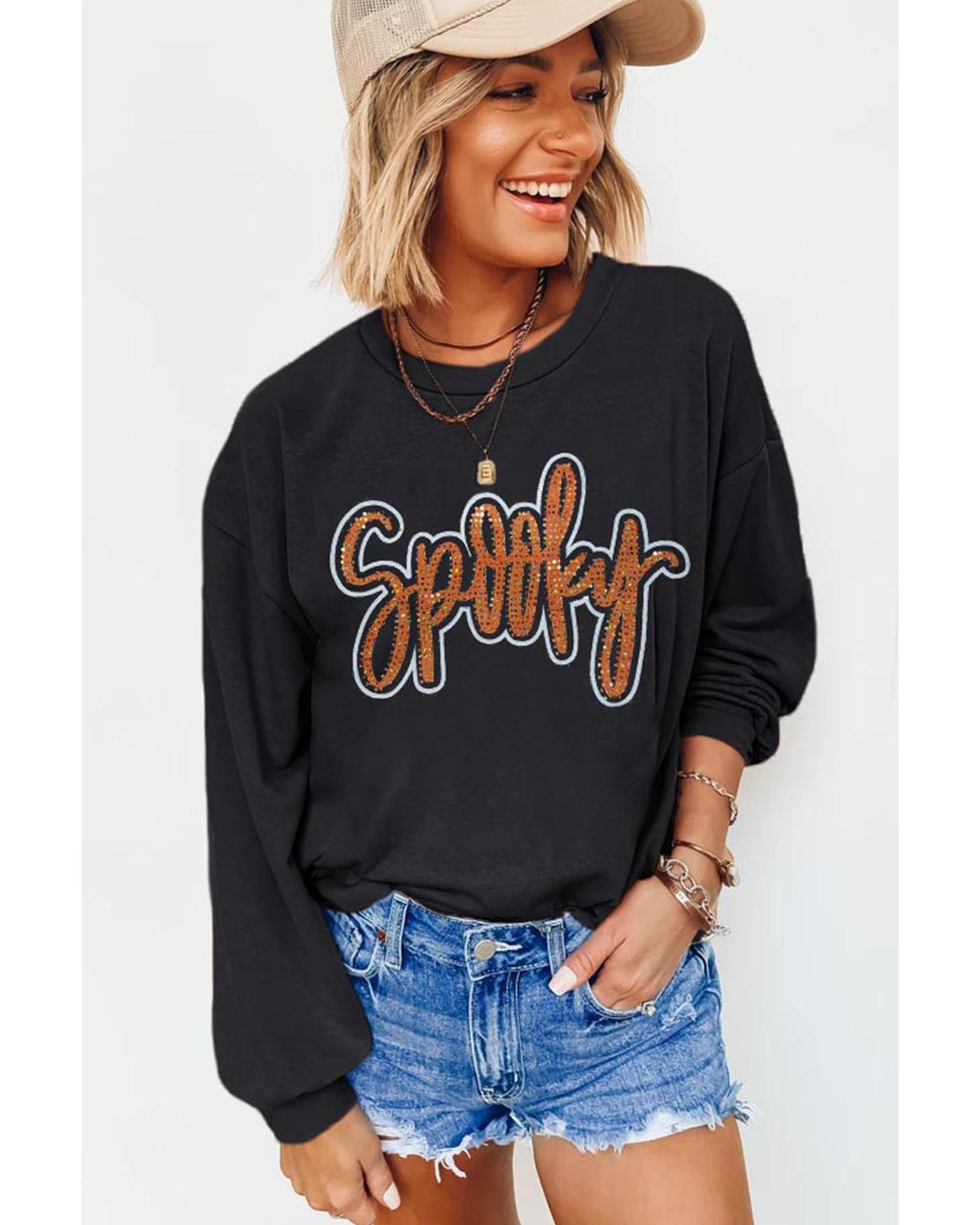 Black Spooky Rhinestone Drop Shoulder Graphic Sweatshirt - Image 5