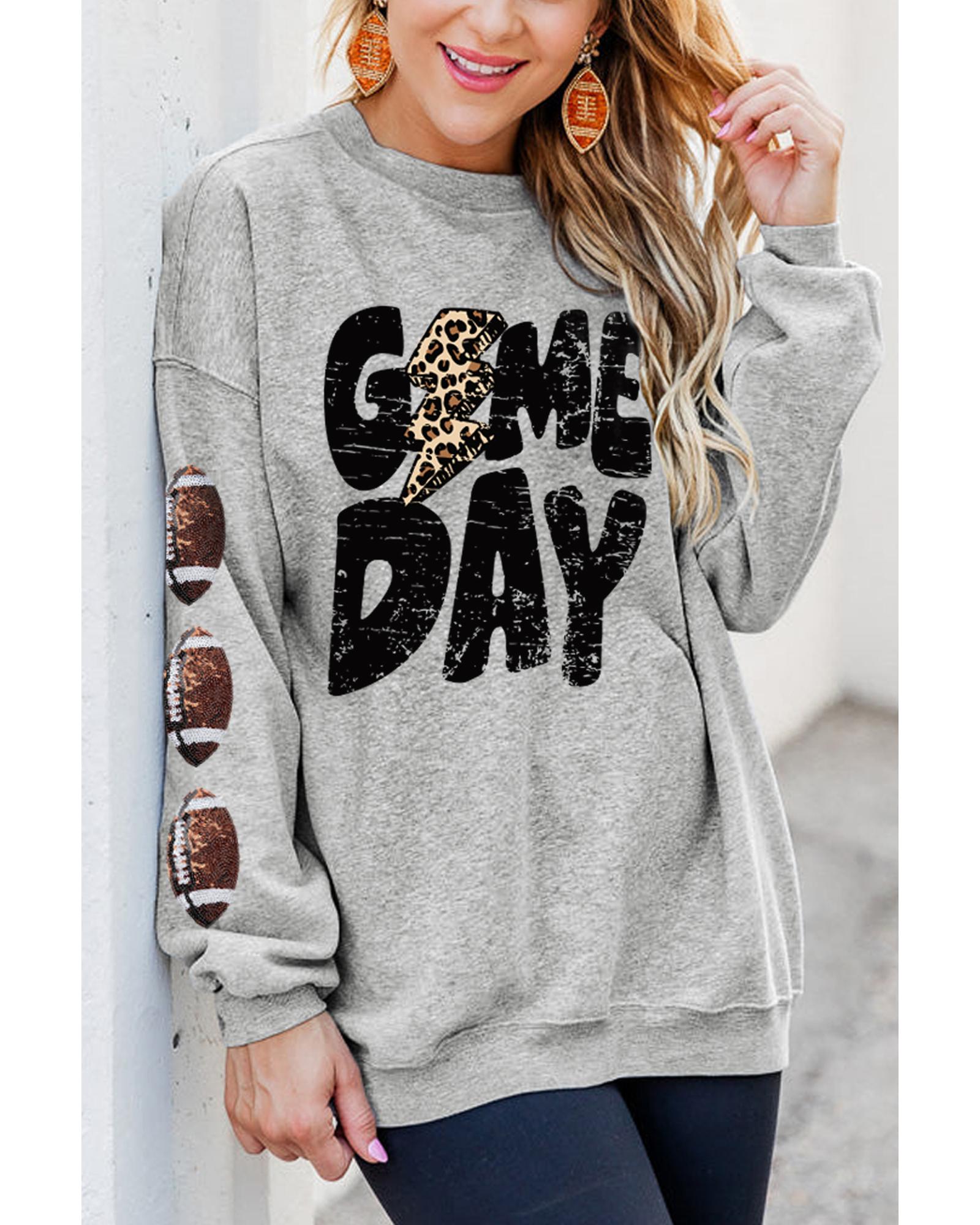 Gray GAME DAY Sequin Rugby Football Drop Shoulder Sweatshirt - Image 3