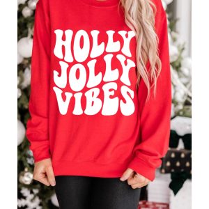 Red HOLLY JOLLY VIBES Graphic Crewneck Christmas Sweatshirt