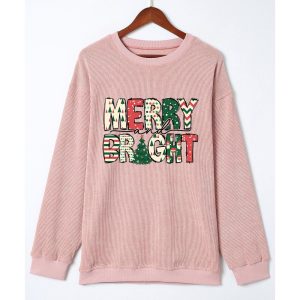 Pink MERRY and BRIGHT Christmas Tree Print Ribbed Sweatshirt