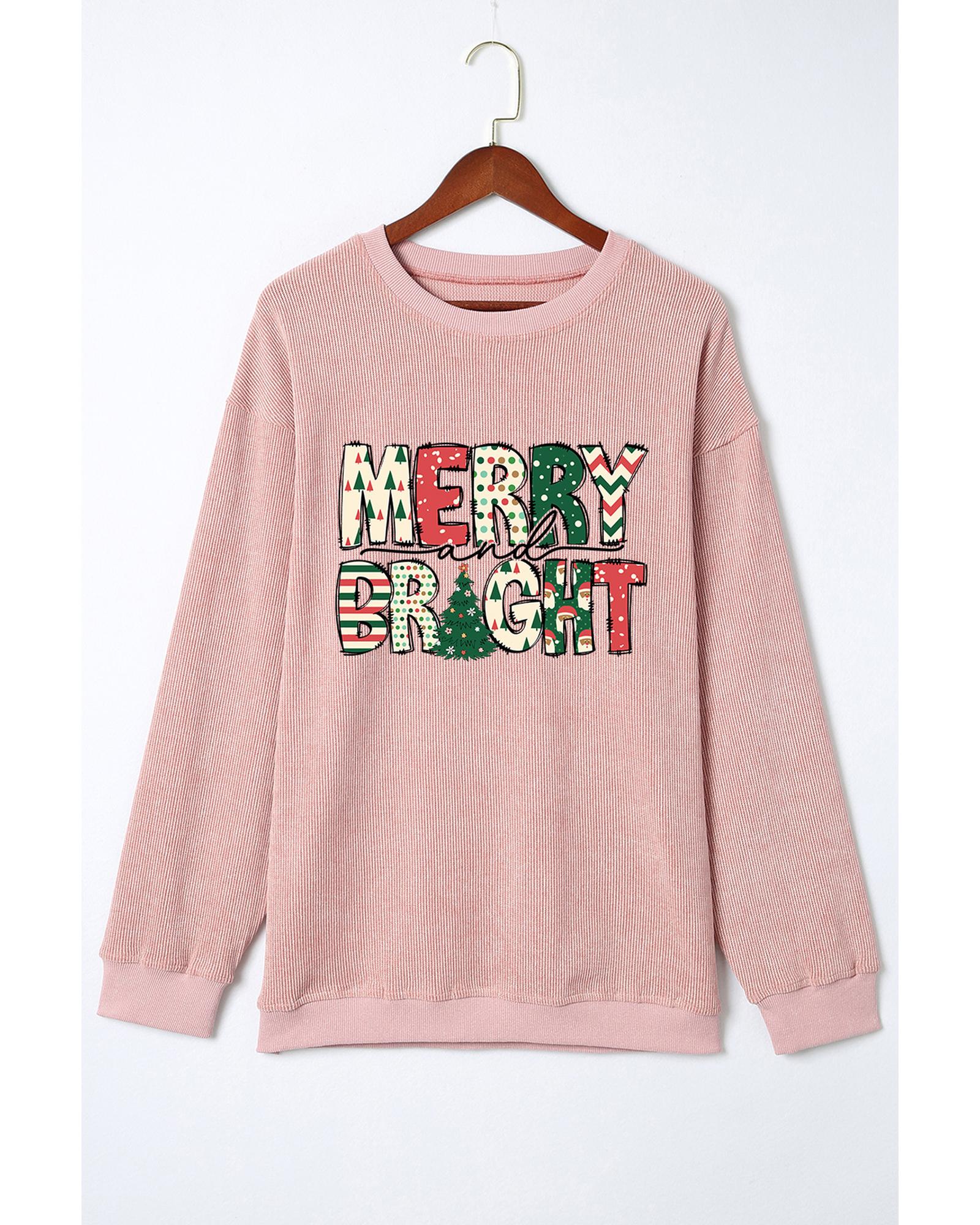 Pink MERRY and BRIGHT Christmas Tree Print Ribbed Sweatshirt