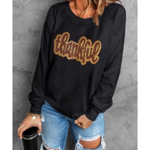 Black Glittering thankful Graphic Drop Shoulder Sweatshirt