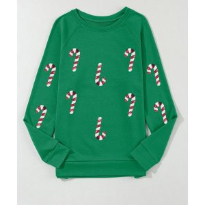 Green Sequin Christmas Candy Cane Graphic Crewneck Pullover Sweatshirt