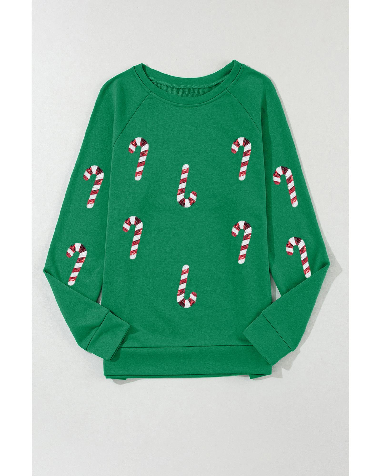 Green Sequin Christmas Candy Cane Graphic Crewneck Pullover Sweatshirt