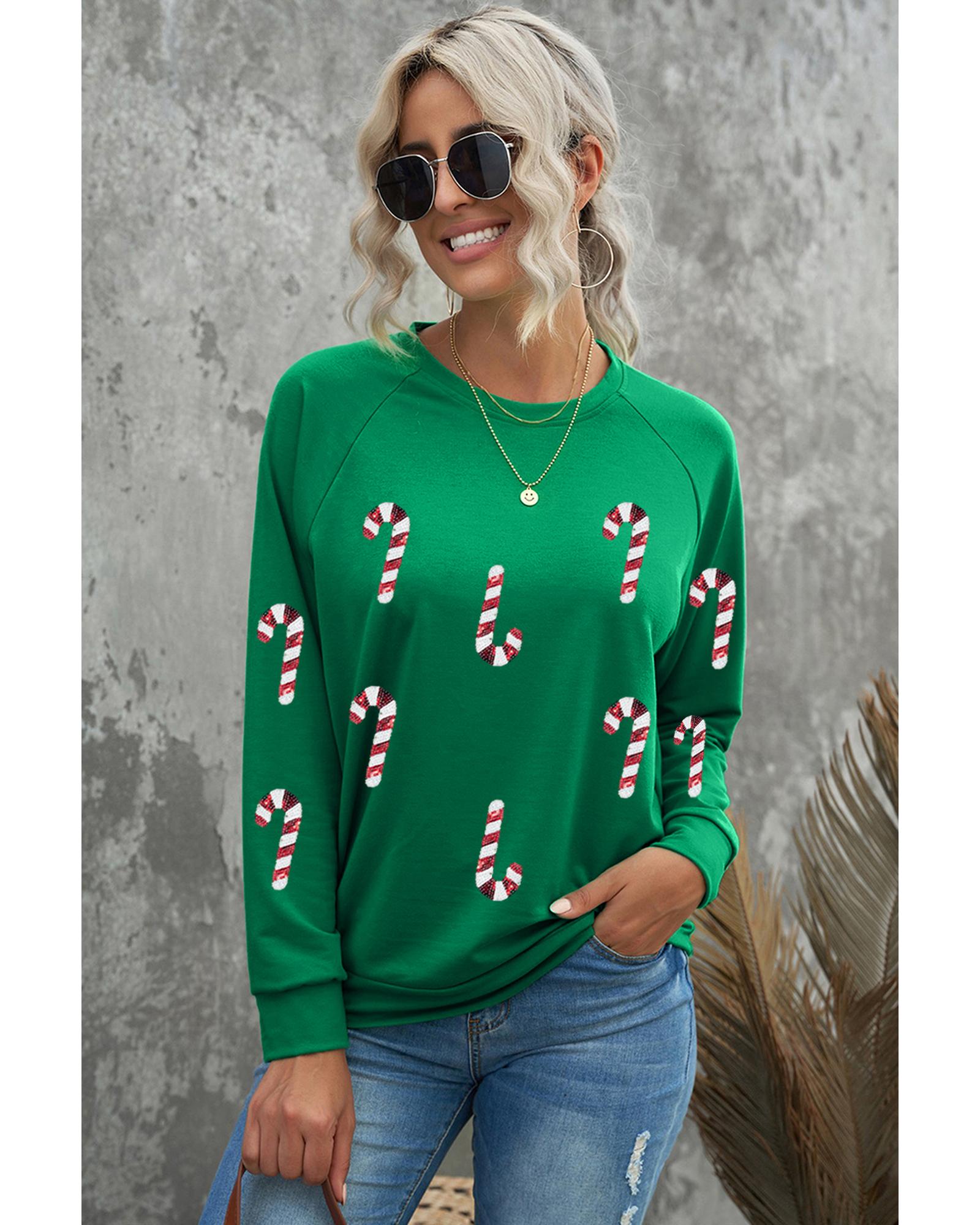 Green Sequin Christmas Candy Cane Graphic Crewneck Pullover Sweatshirt - Image 3