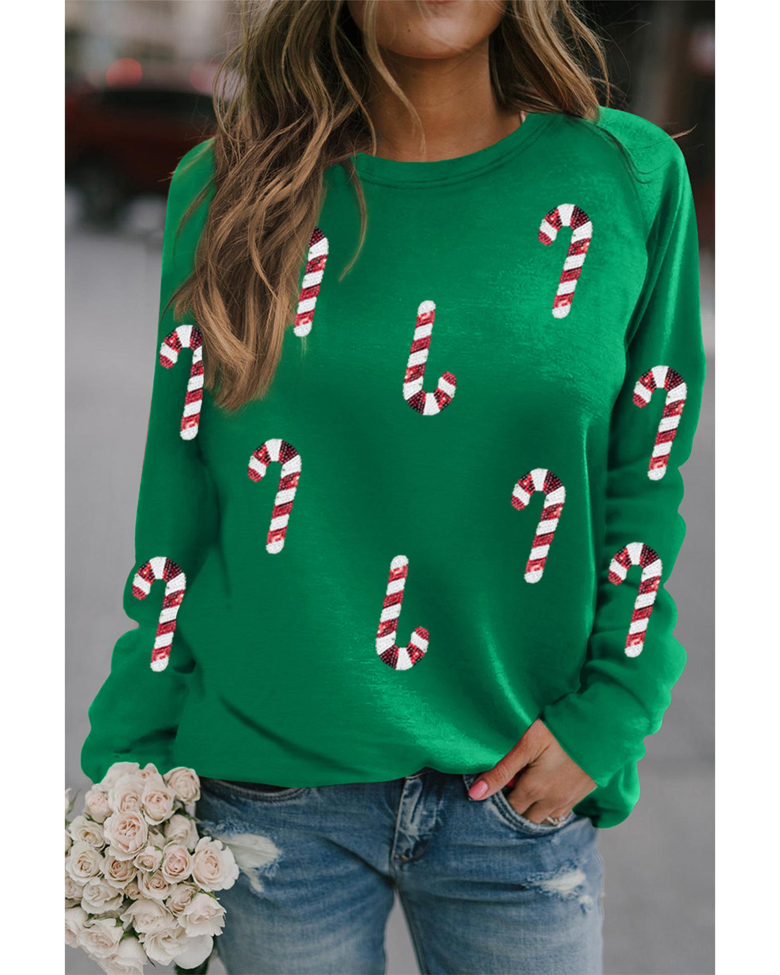 Green Sequin Christmas Candy Cane Graphic Crewneck Pullover Sweatshirt - Image 4