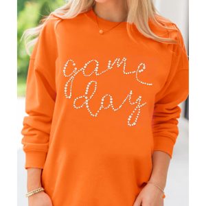 Orange Rhinestone game day Pattern Drop Shoulder Sweatshirt