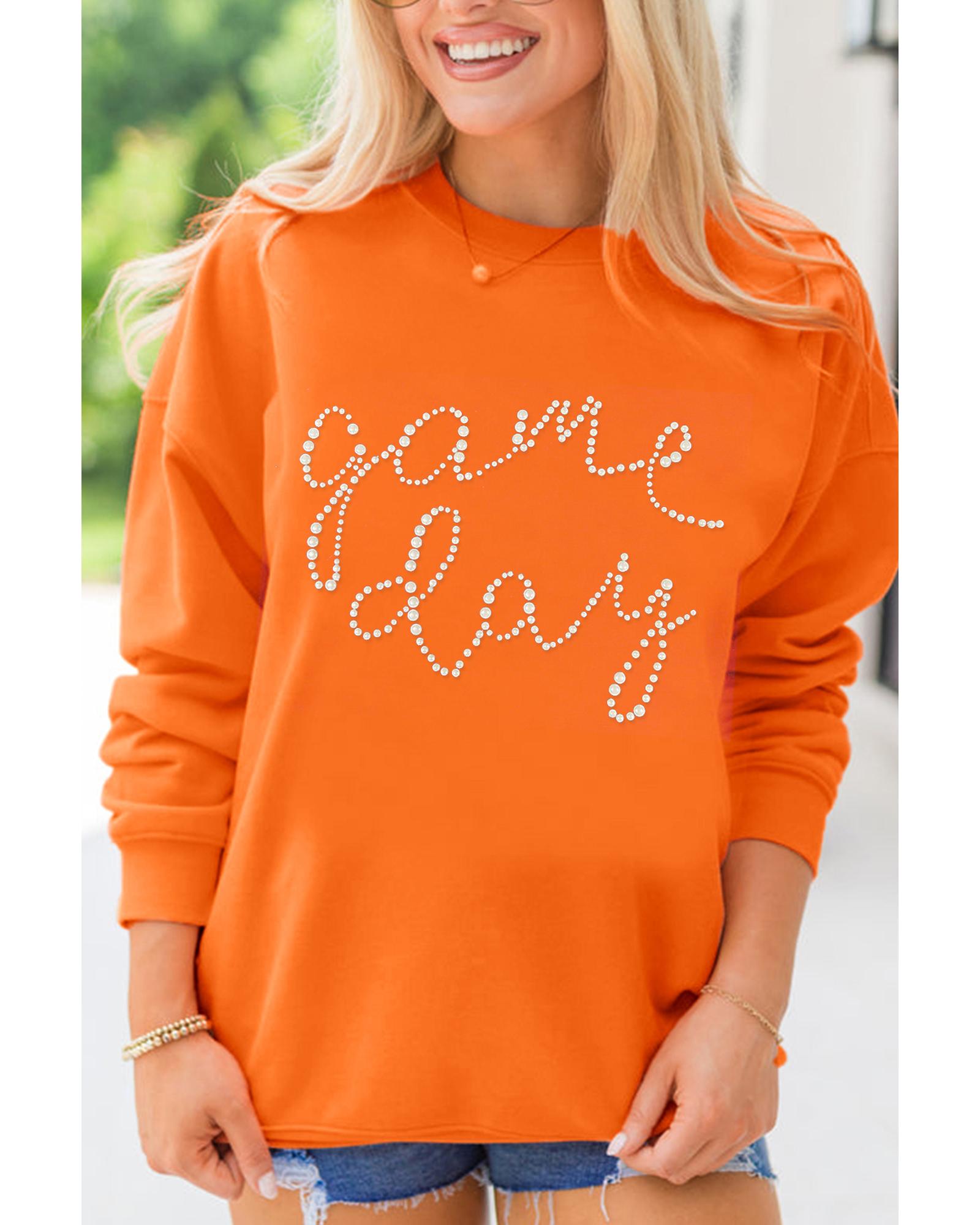 Orange Rhinestone game day Pattern Drop Shoulder Sweatshirt