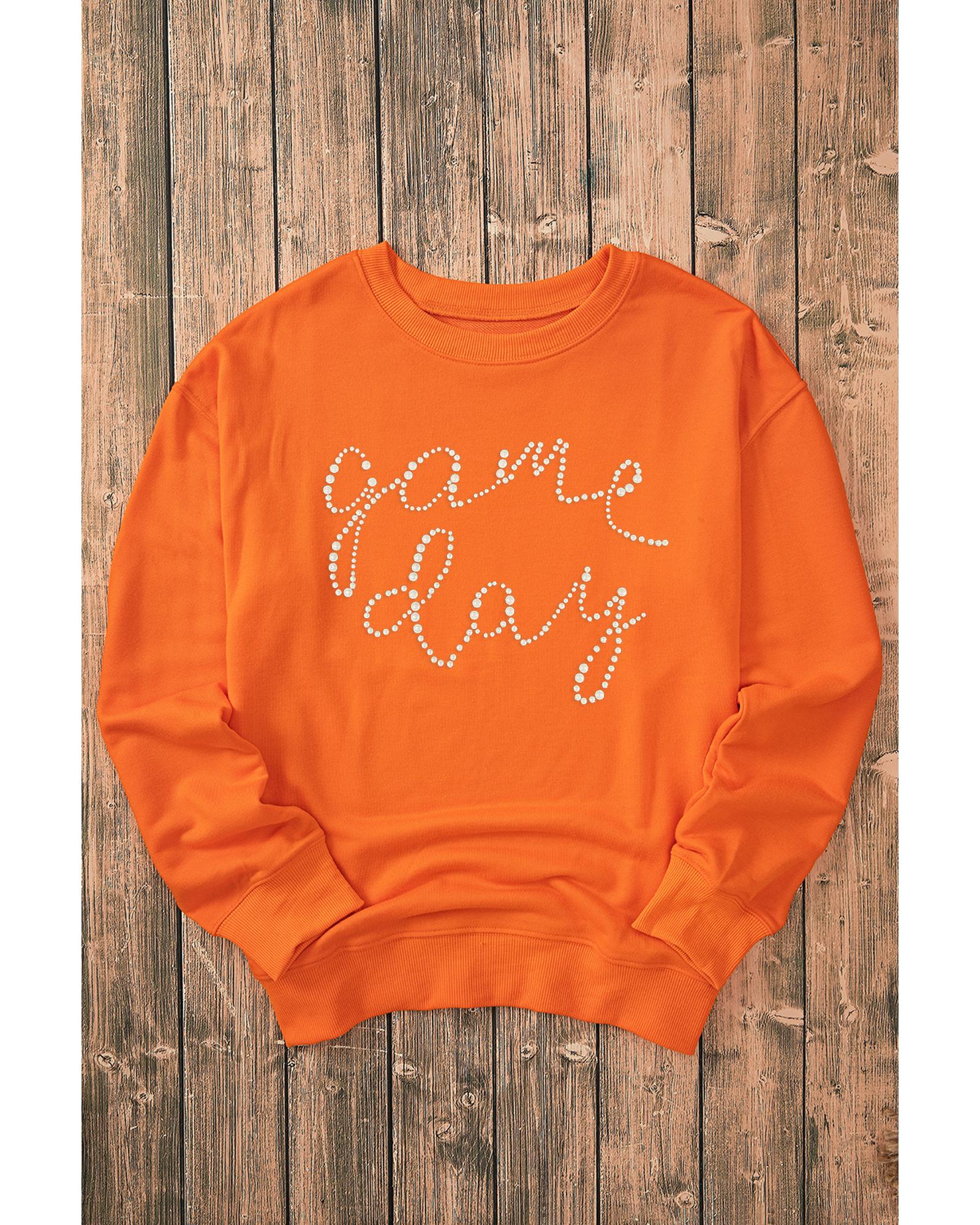 Orange Rhinestone game day Pattern Drop Shoulder Sweatshirt - Image 3