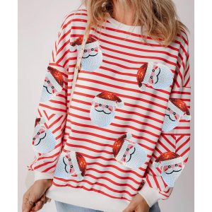 Orange Stripe Striped Sequin Santa Claus Pattern Christmas Pullover Sweatshirt