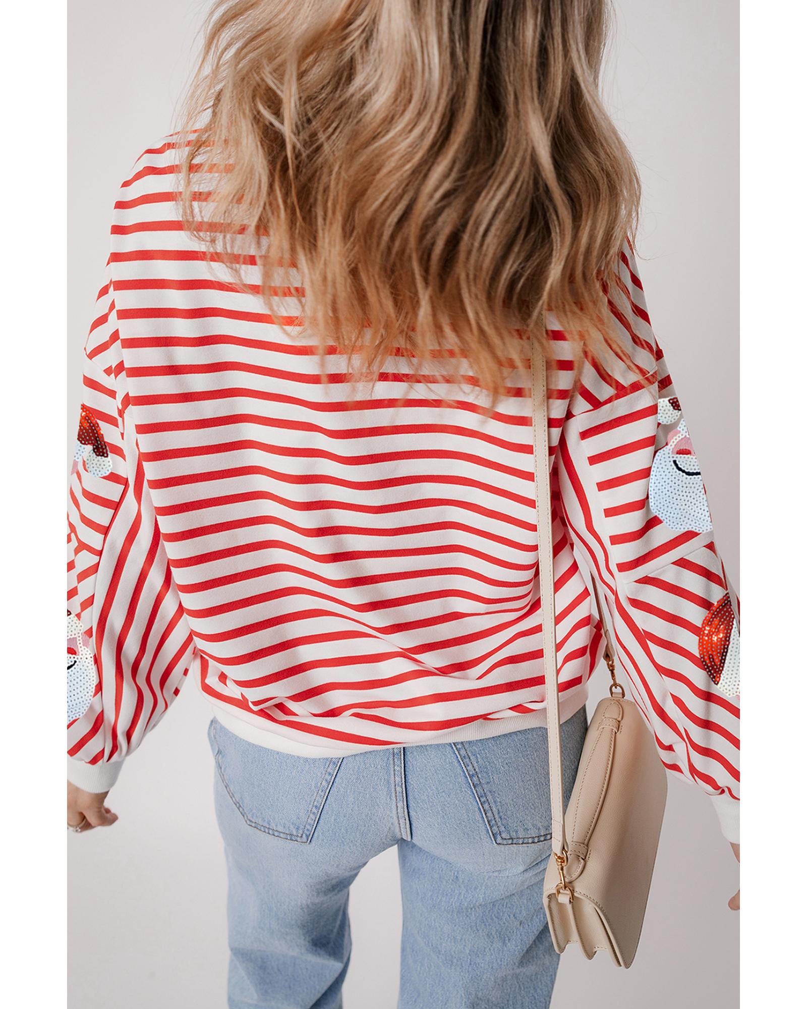 Orange Stripe Striped Sequin Santa Claus Pattern Christmas Pullover Sweatshirt - Image 2