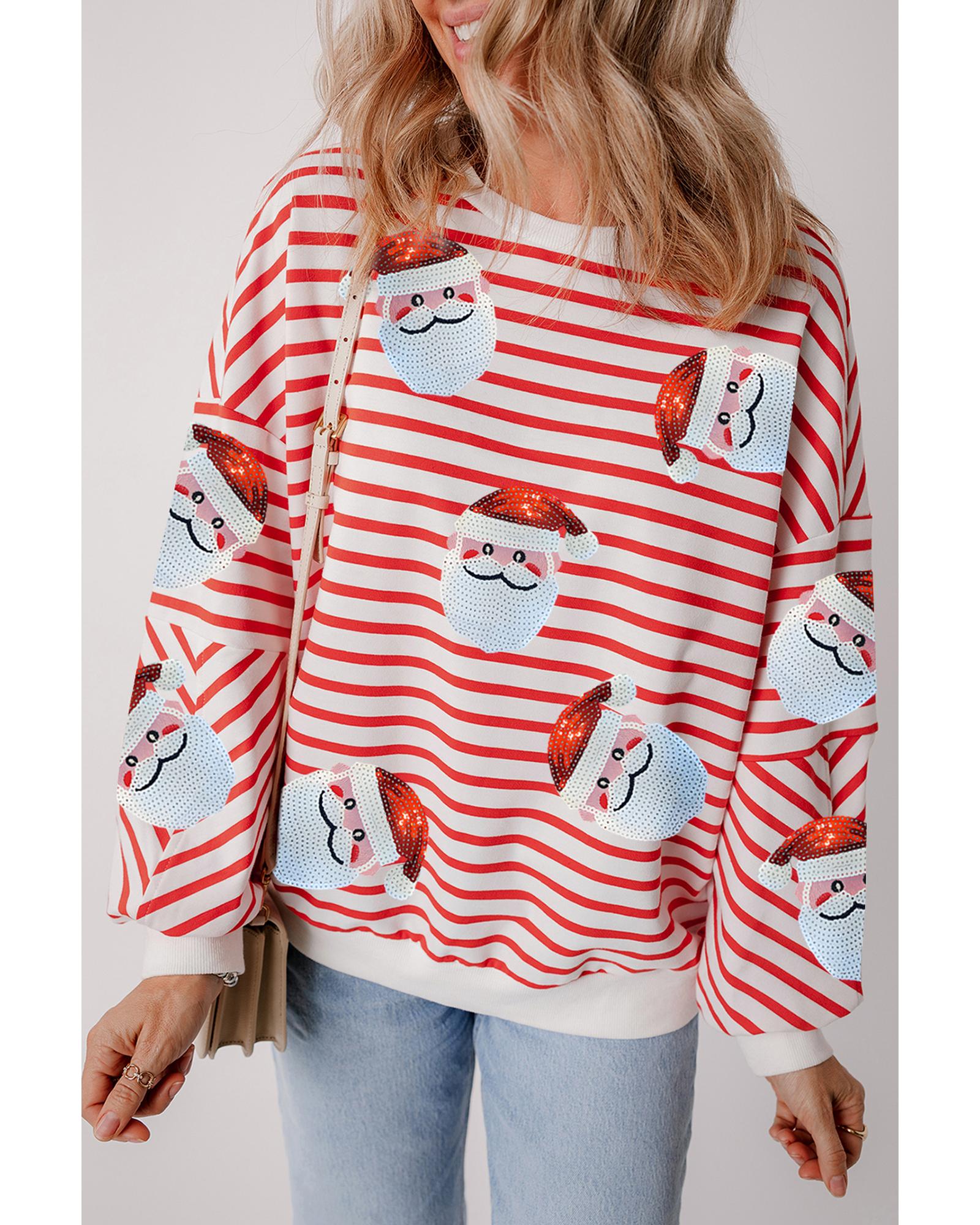 Orange Stripe Striped Sequin Santa Claus Pattern Christmas Pullover Sweatshirt - Image 3