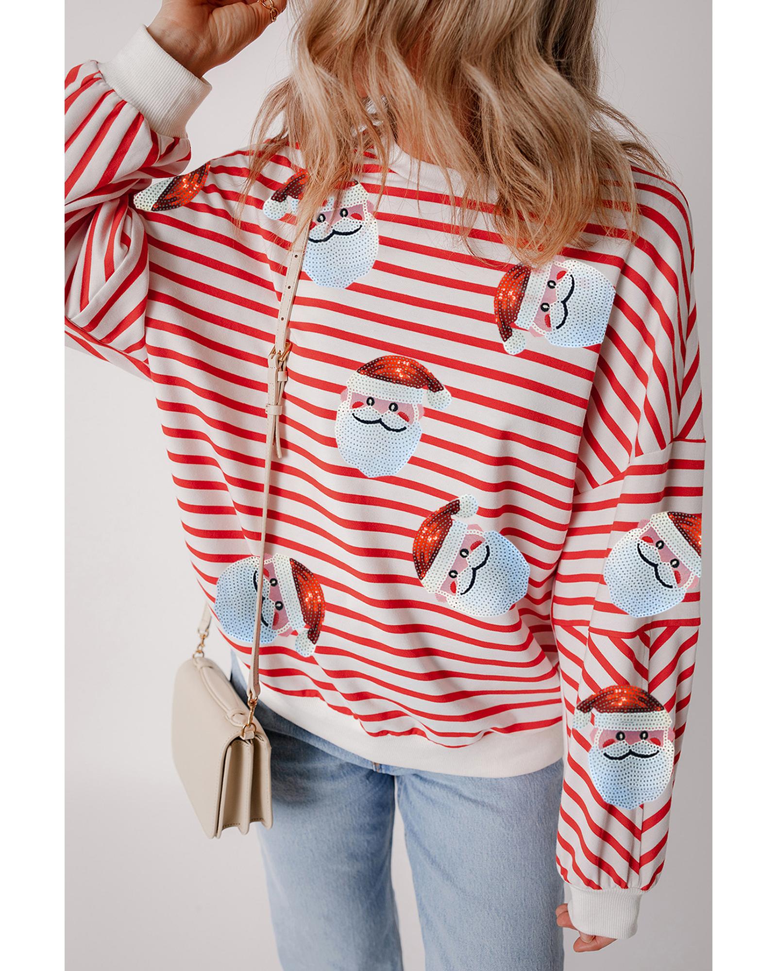 Orange Stripe Striped Sequin Santa Claus Pattern Christmas Pullover Sweatshirt - Image 5