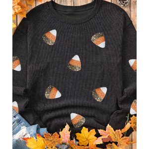 Black Sequin Candy Corn Patched Corded Halloween Sweatshirt