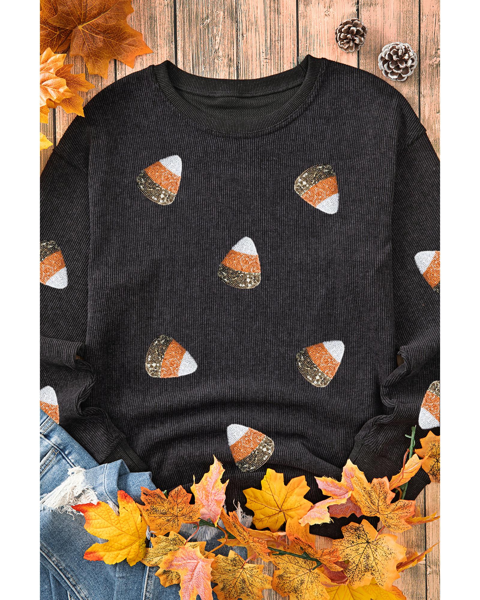 Black Sequin Candy Corn Patched Corded Halloween Sweatshirt