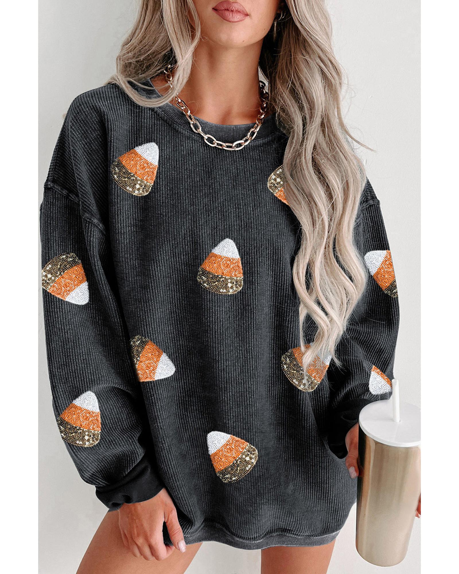 Black Sequin Candy Corn Patched Corded Halloween Sweatshirt - Image 3