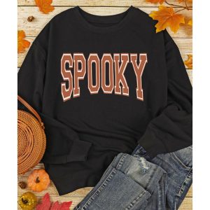 Black SPOOKY Graphic Drop Shoulder Halloween Pullover Sweatshirt