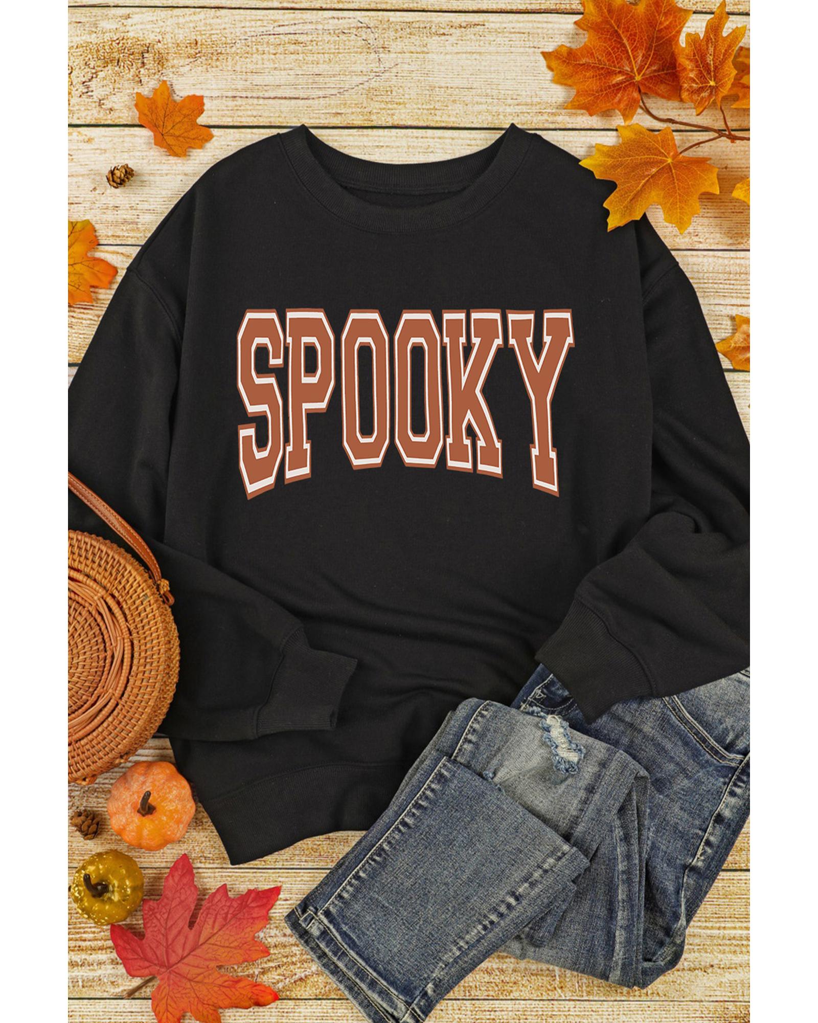 Black SPOOKY Graphic Drop Shoulder Halloween Pullover Sweatshirt