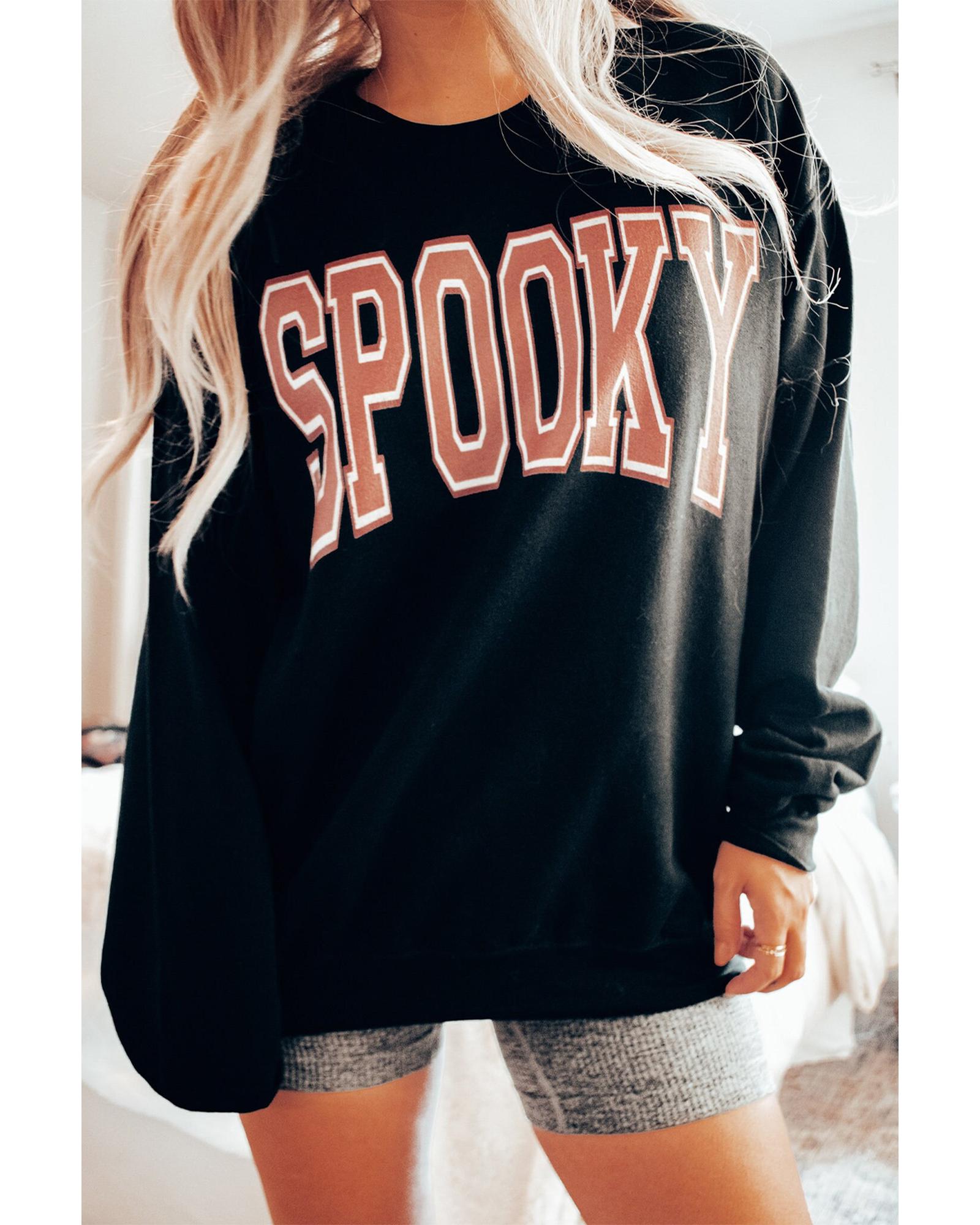 Black SPOOKY Graphic Drop Shoulder Halloween Pullover Sweatshirt - Image 2