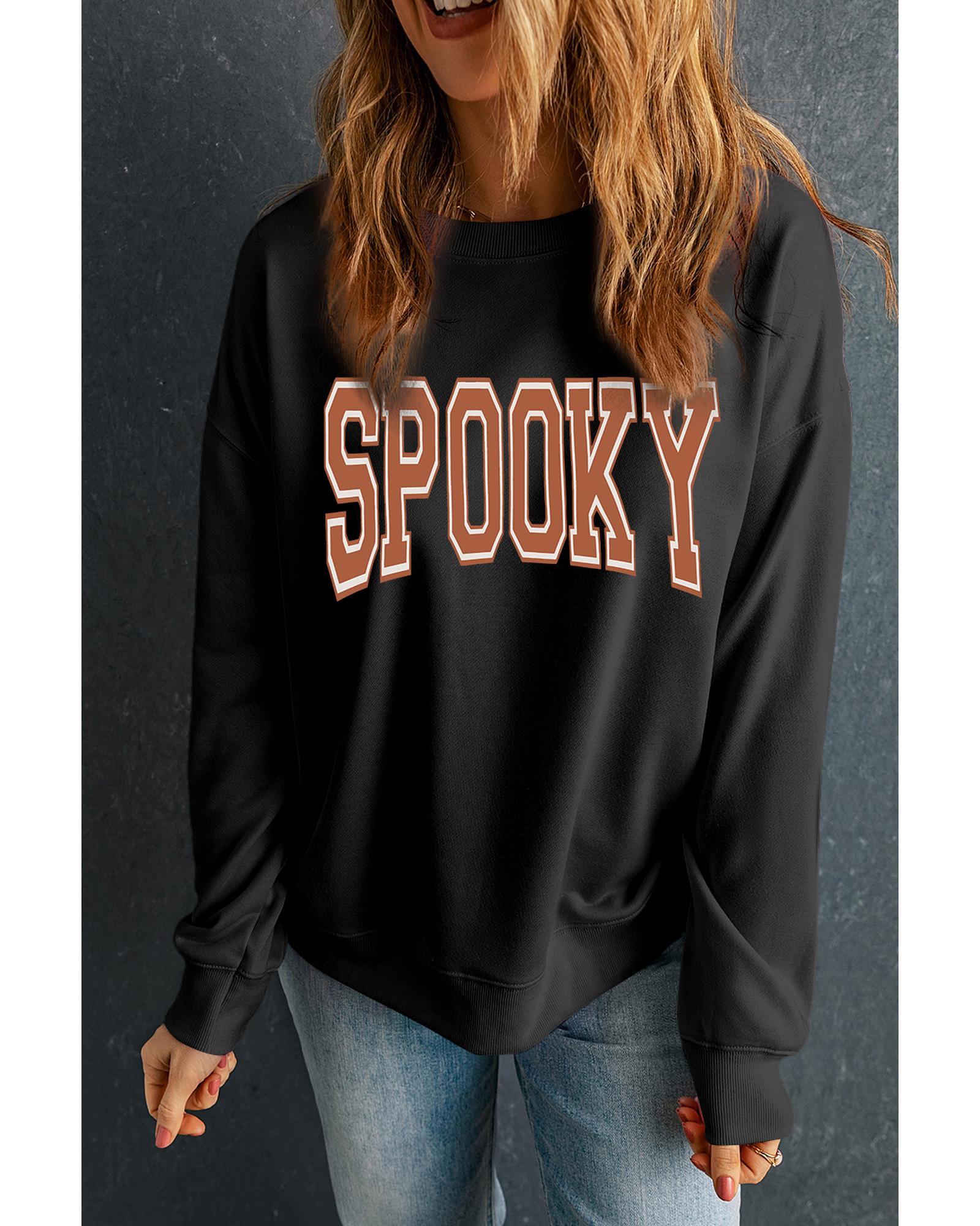 Black SPOOKY Graphic Drop Shoulder Halloween Pullover Sweatshirt - Image 7