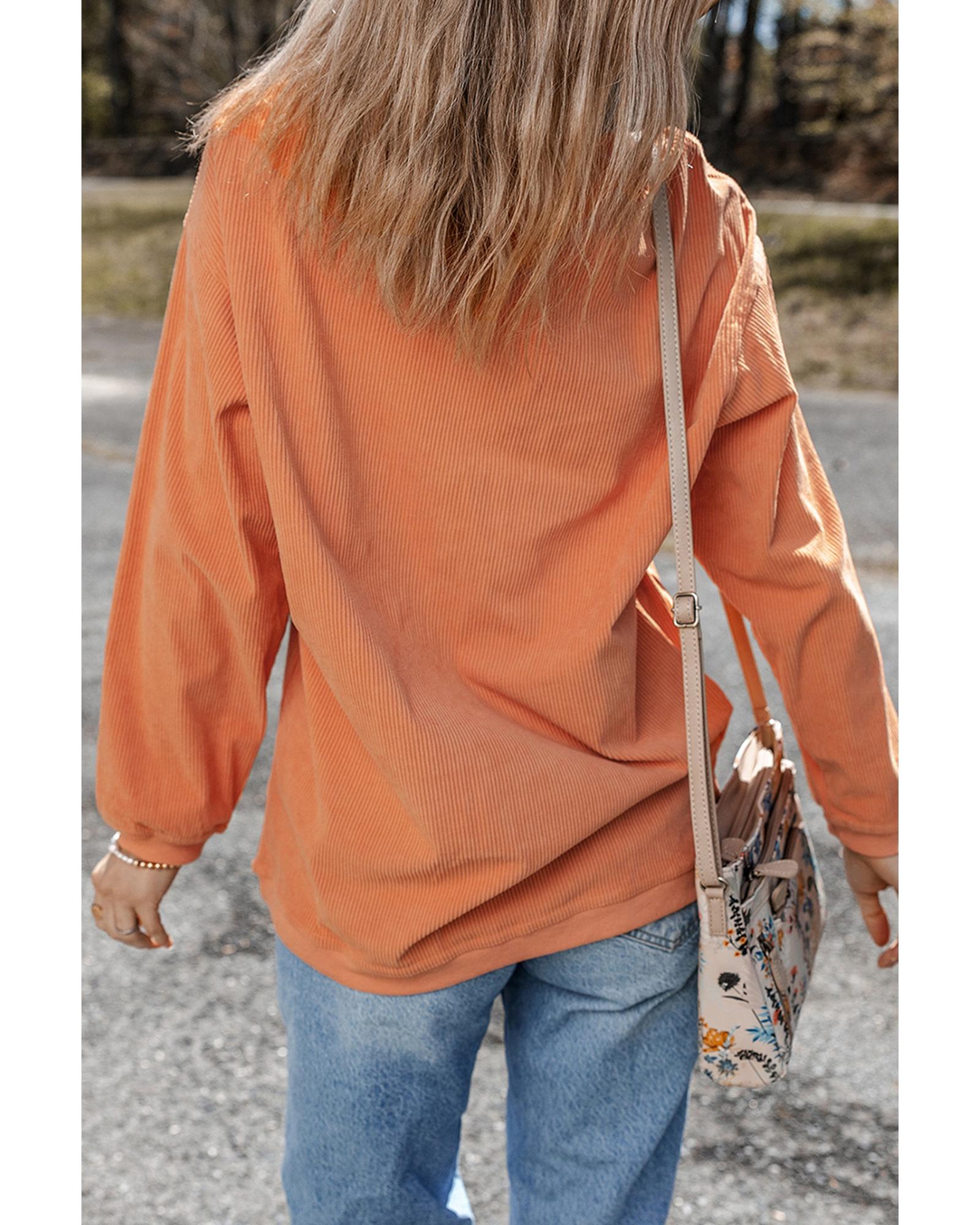 Orange Thankful Ribbed Crew Neck Thanksgiving Sweatshirt