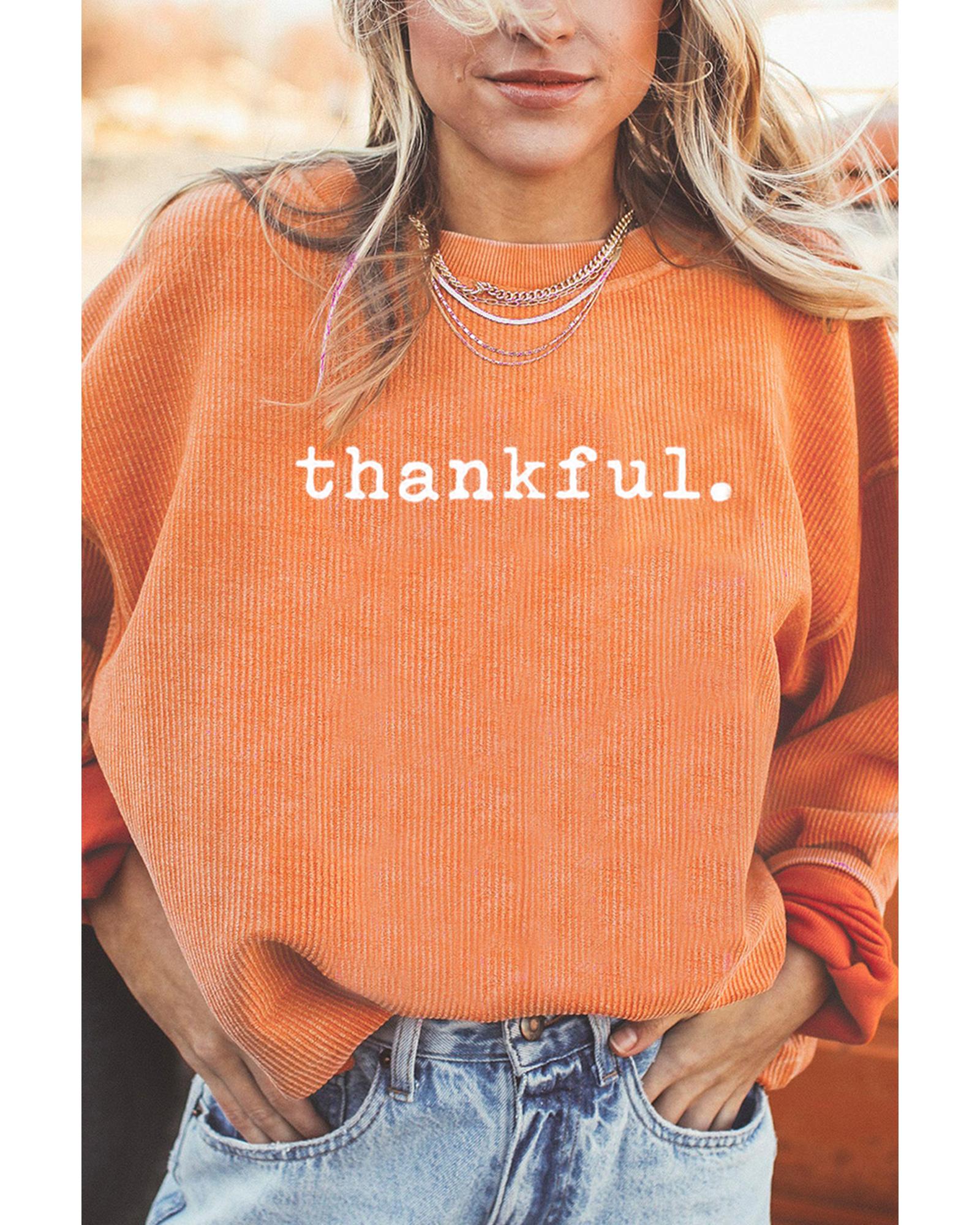 Orange Thankful Ribbed Crew Neck Thanksgiving Sweatshirt - Image 2