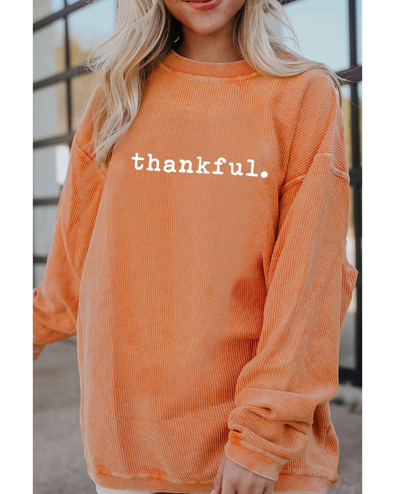Orange Thankful Ribbed Crew Neck Thanksgiving Sweatshirt - Image 3