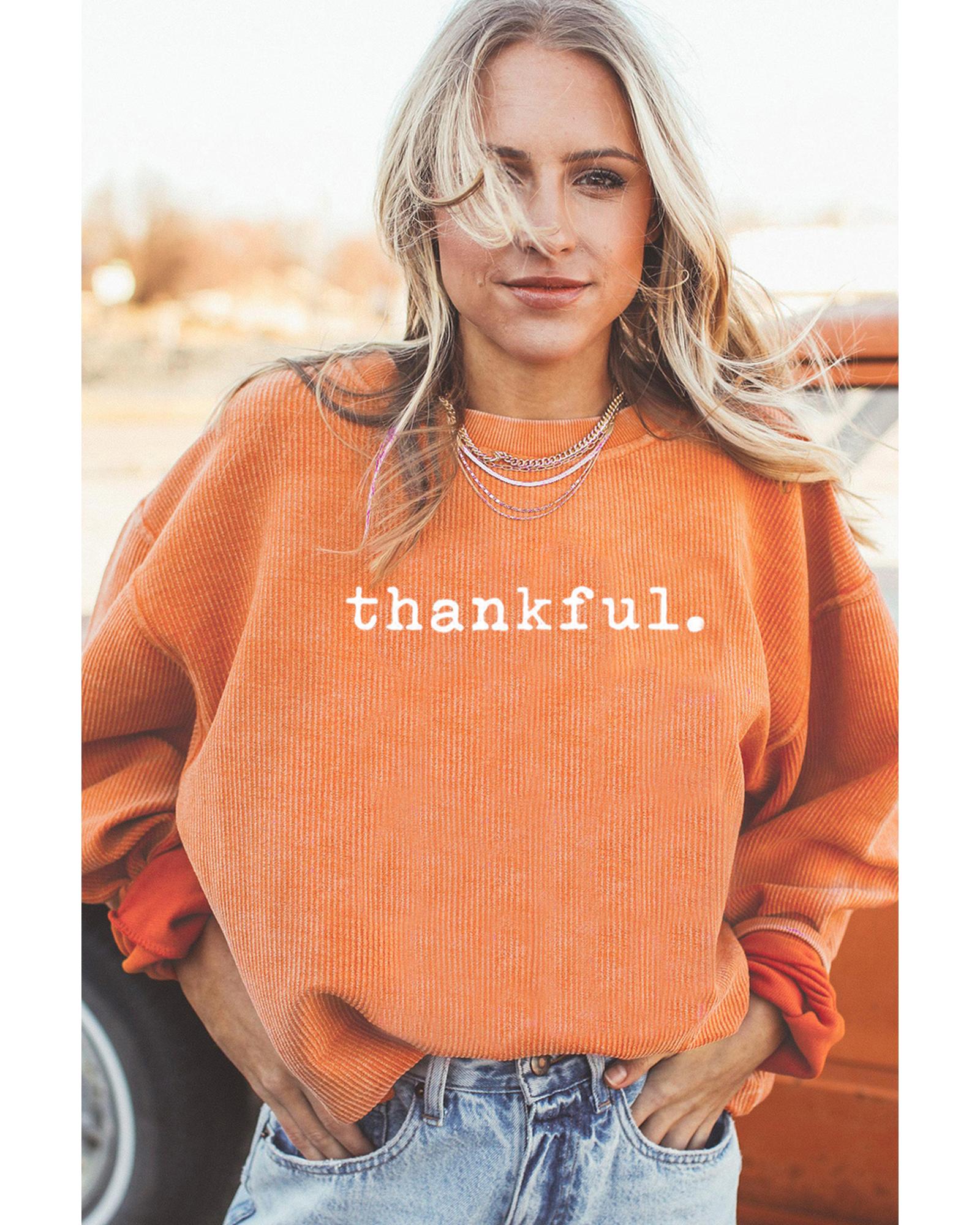 Orange Thankful Ribbed Crew Neck Thanksgiving Sweatshirt - Image 4
