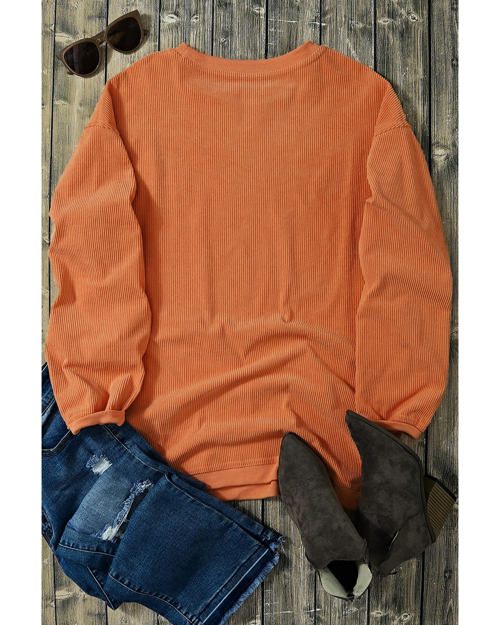 Orange Thankful Ribbed Crew Neck Thanksgiving Sweatshirt - Image 5