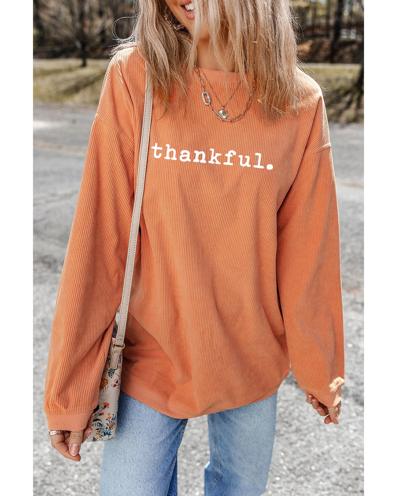 Orange Thankful Ribbed Crew Neck Thanksgiving Sweatshirt - Image 7