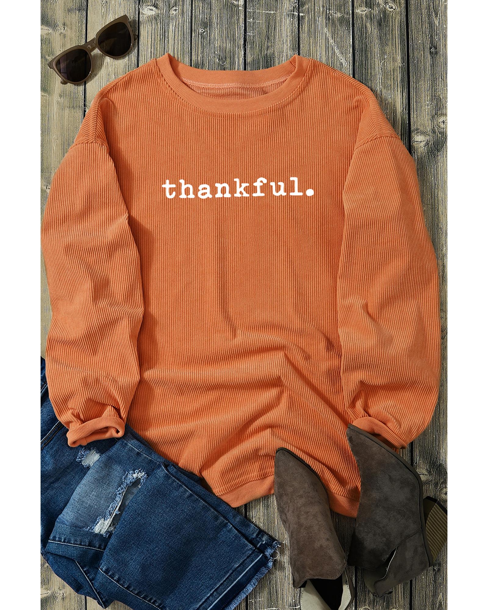 Orange Thankful Ribbed Crew Neck Thanksgiving Sweatshirt - Image 8