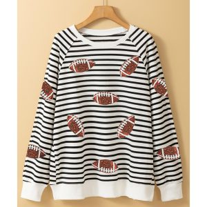 Black Stripe Sequin Rugby Football Side Slits Oversized Sweatshirt
