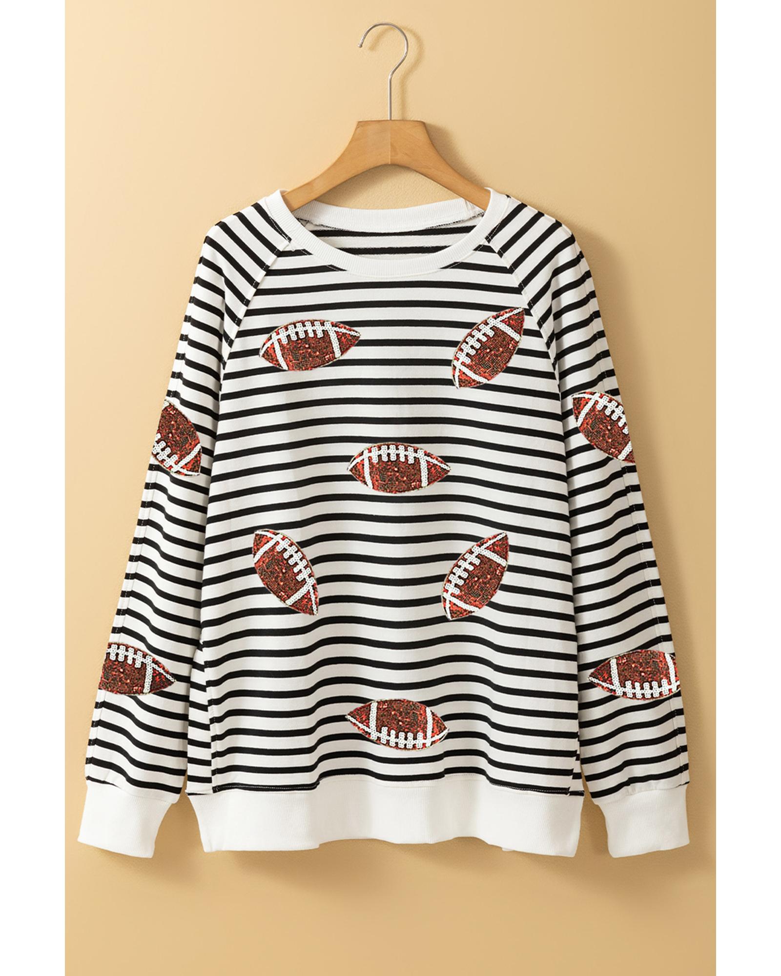 Black Stripe Sequin Rugby Football Side Slits Oversized Sweatshirt