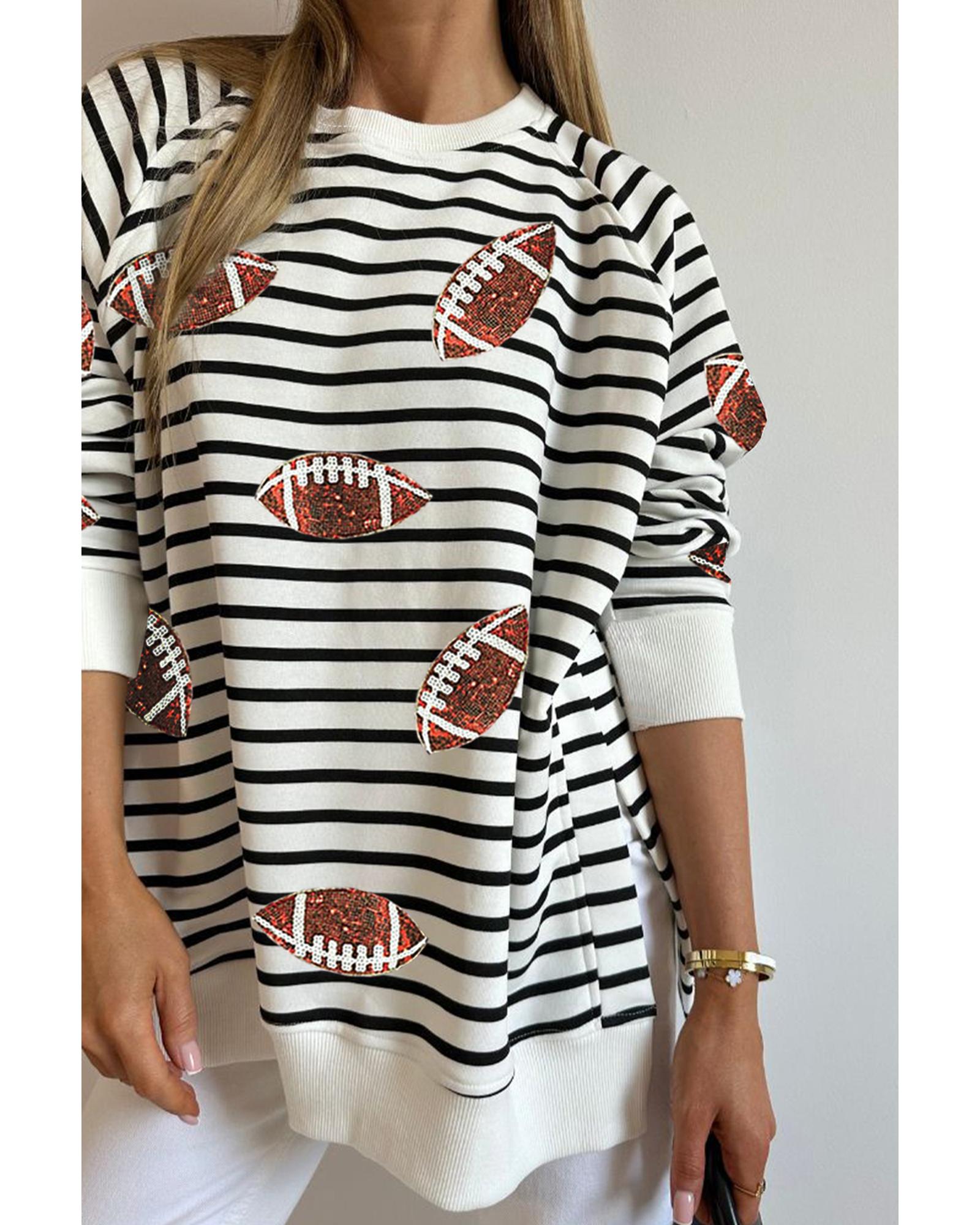 Black Stripe Sequin Rugby Football Side Slits Oversized Sweatshirt - Image 2