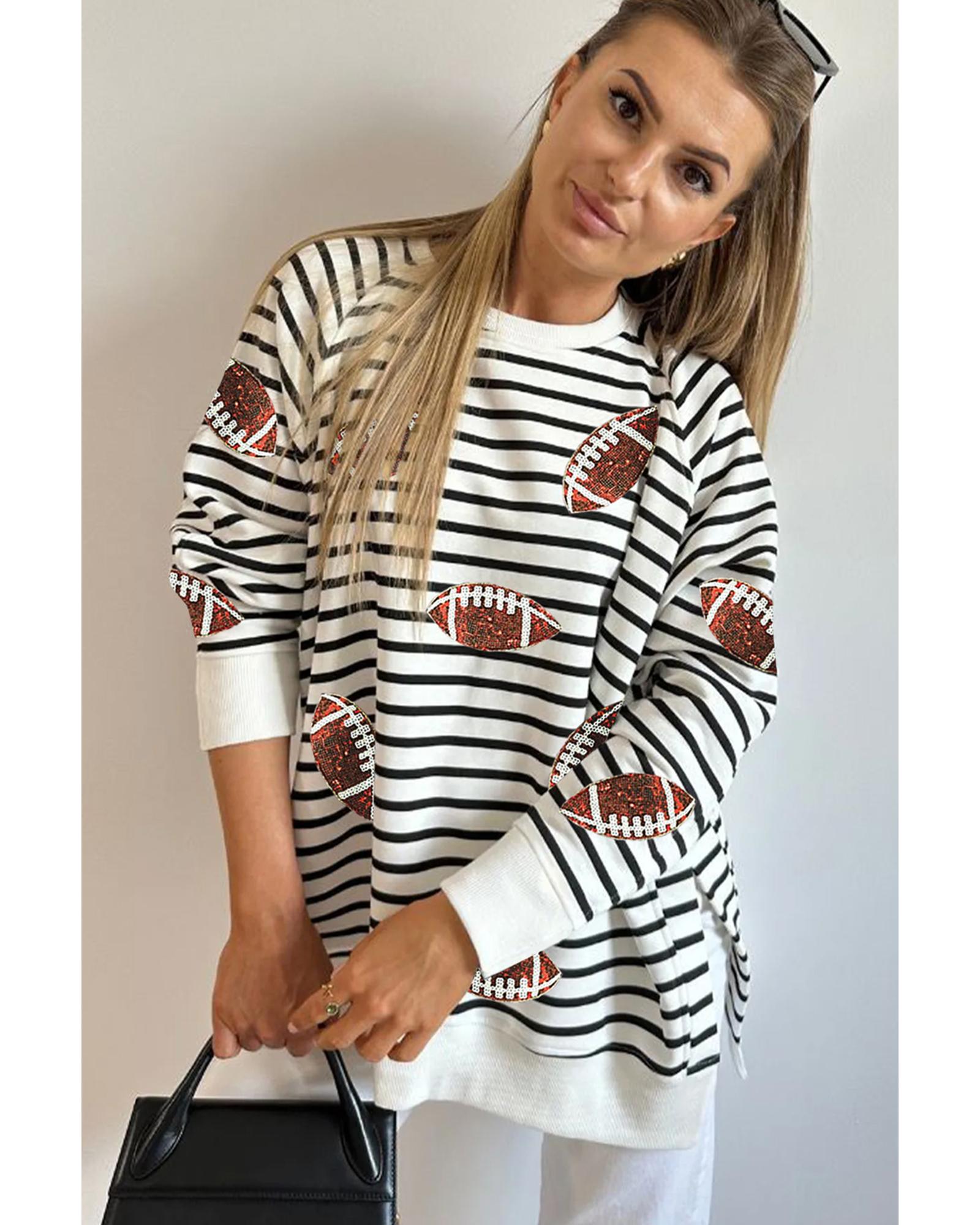 Black Stripe Sequin Rugby Football Side Slits Oversized Sweatshirt - Image 3